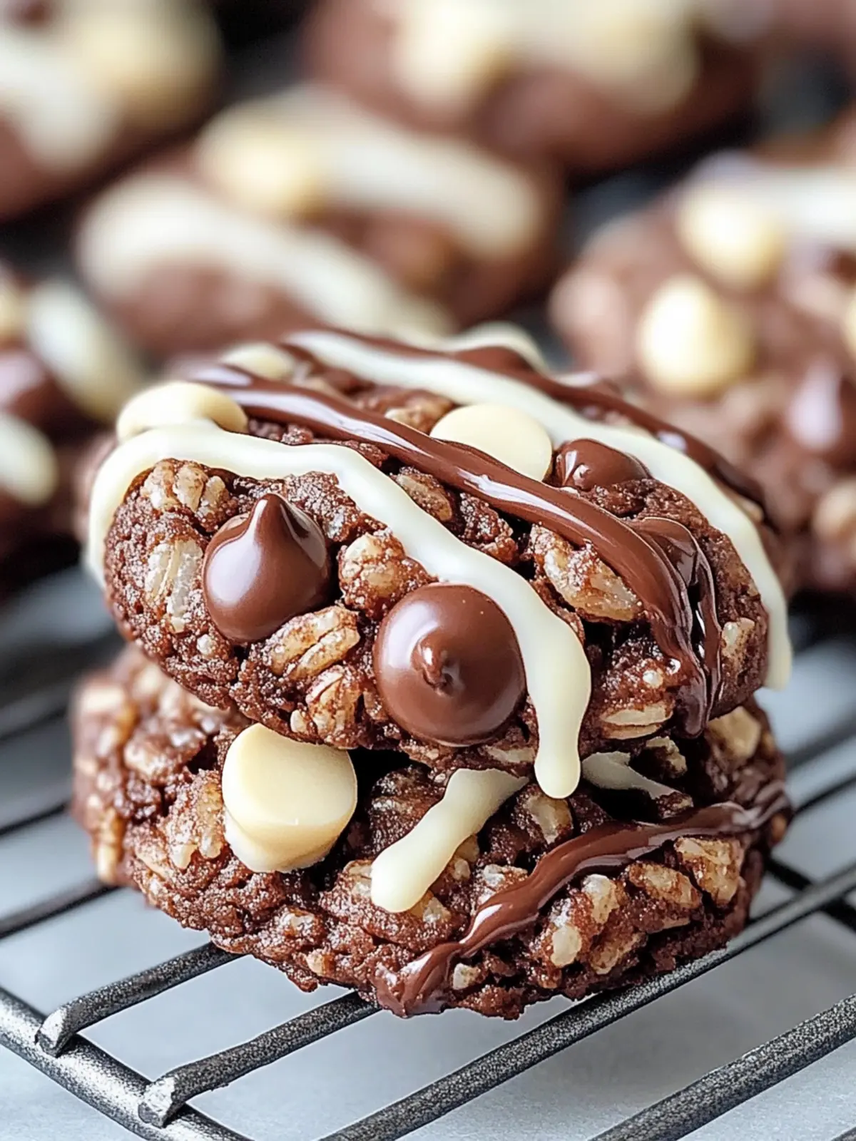 DOUBLE CHOCOLATE CHIP RICE KRISPIE COOKIES WITH A WHITE CHOCOLATE DRIZZLE