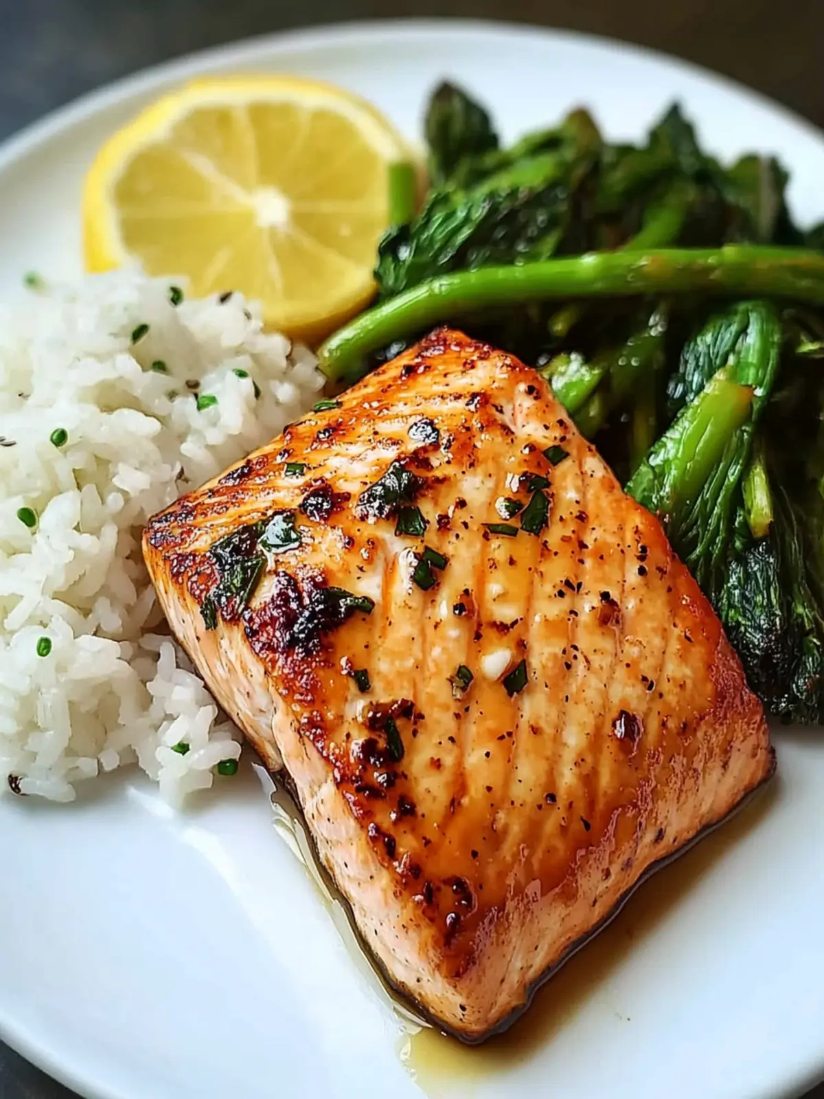 Spicy Honey-Garlic Salmon with Rice & Roasted Greens Bliss 3 [Spicy Honey-Garlic Salmon with Steamed Rice & Roasted Greens