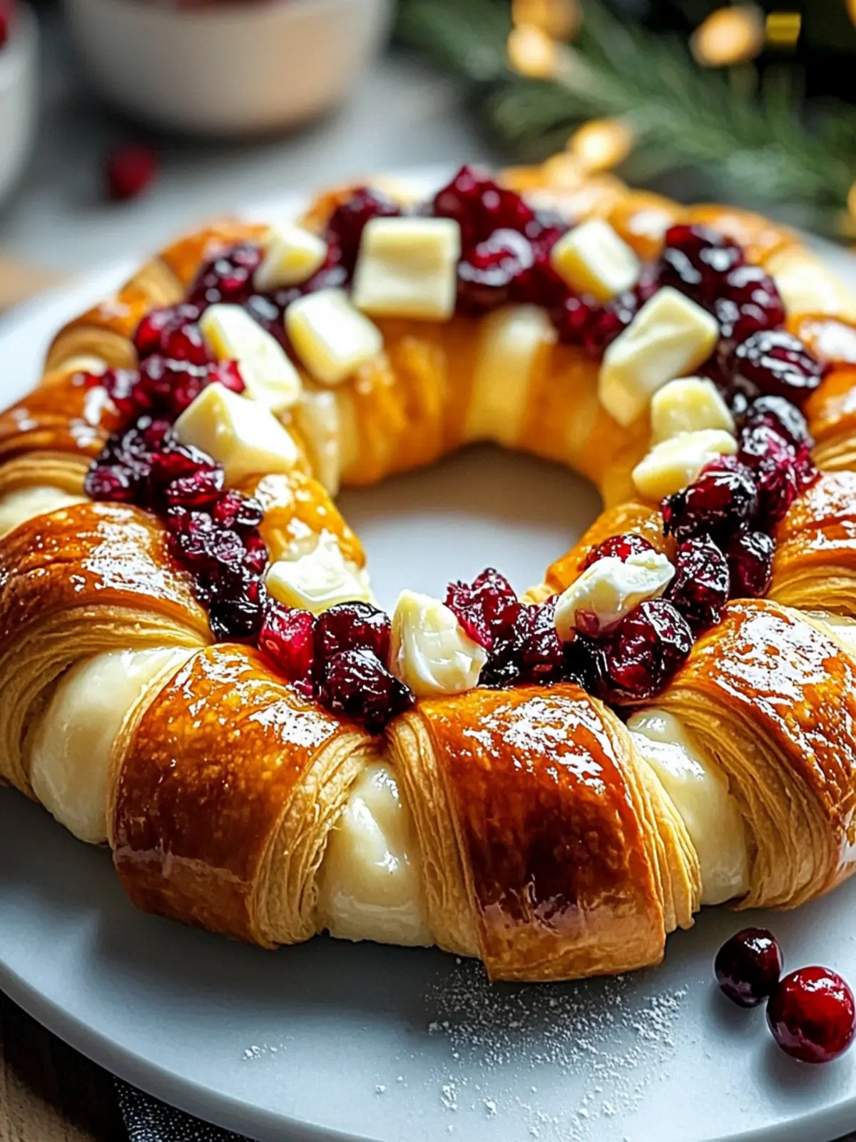 Golden Holiday Crescent Wreath Stuffed with Brie & Tart Cranberries 3 Golden Holiday Crescent Wreath Stuffed with Creamy Brie and Tart Cranberries