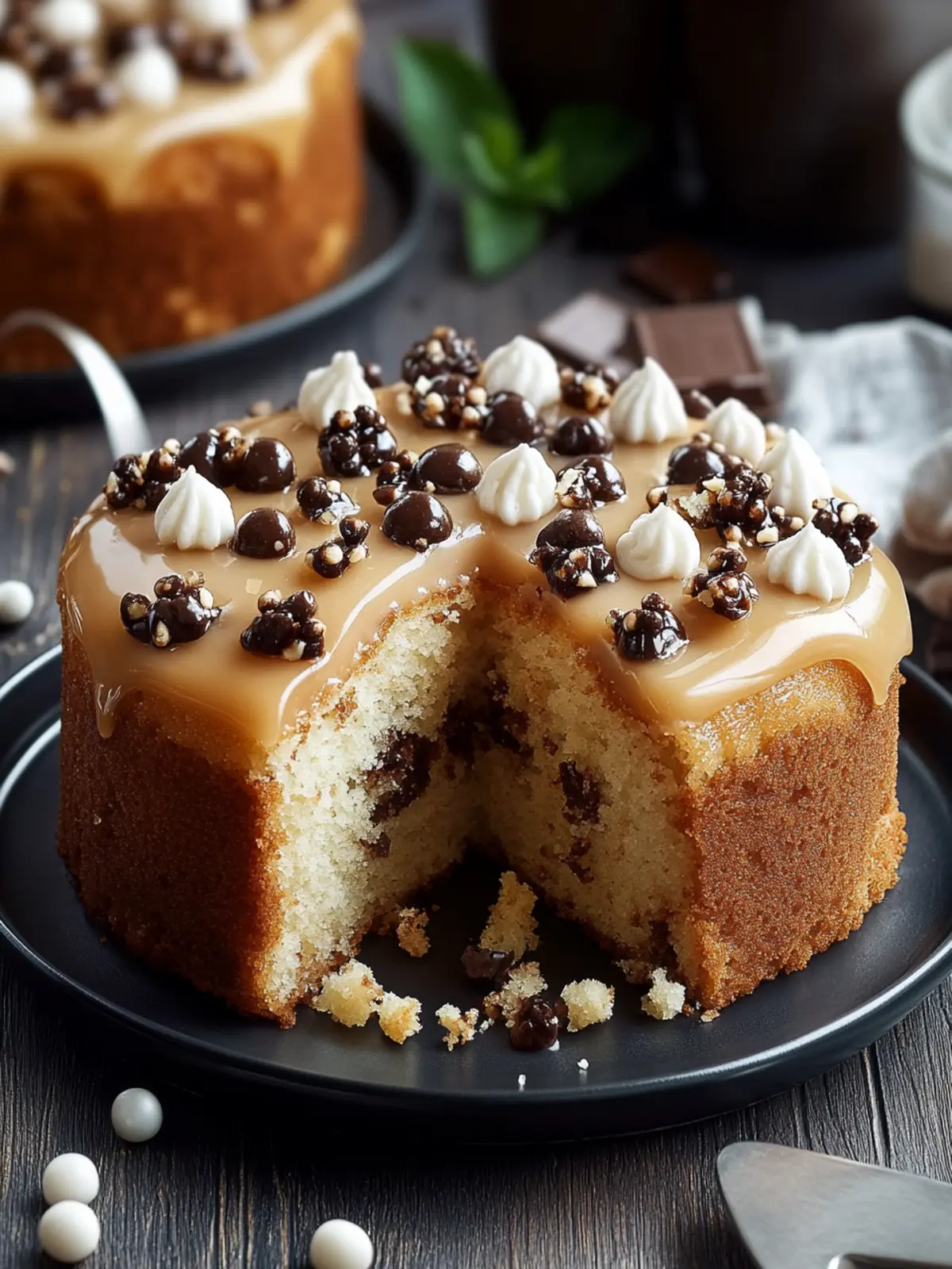 Soft and Moist Coffee Cake with Coffee Glaze and Chocolate Pearls