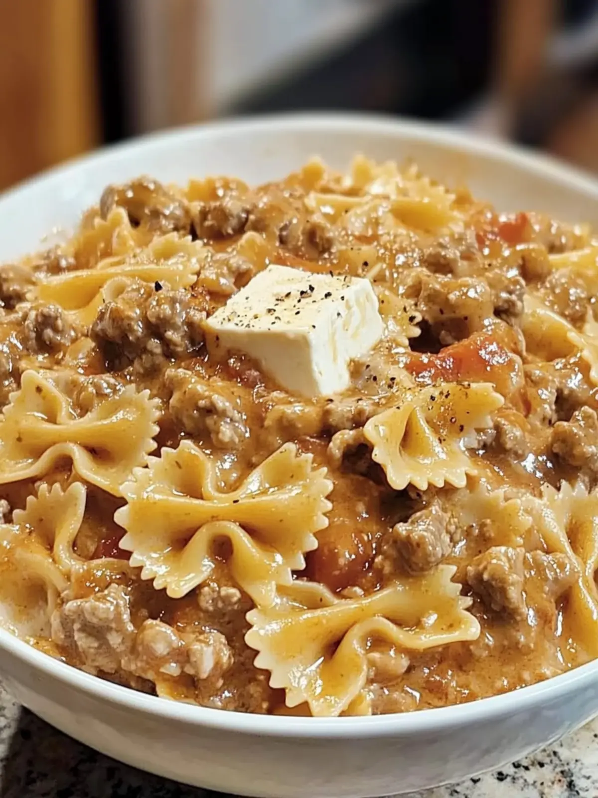 Creamy Velveeta Beef Sauce on Bowtie Pasta: Comfort Food Bliss 2 Bowtie Pasta with Creamy Velveeta Beef Sauce