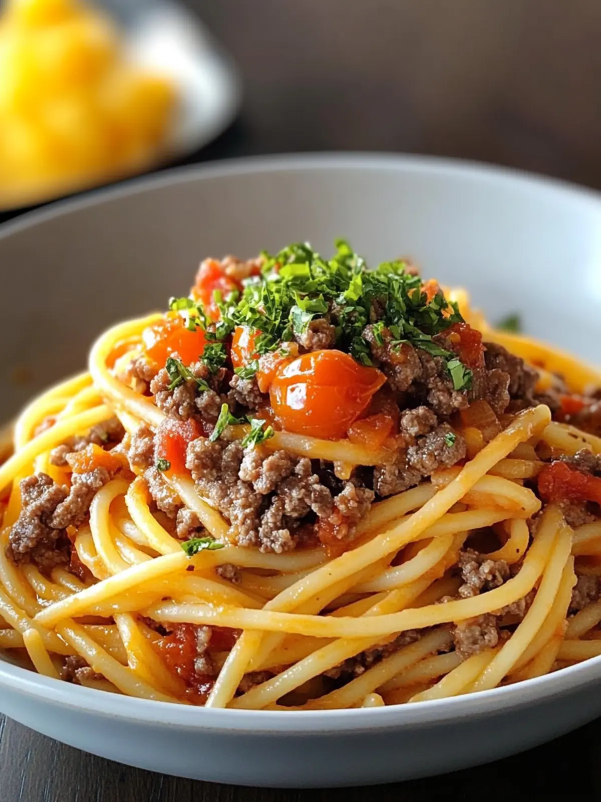 SPAGHETTI WITH CHEESY BEEF AND TOMATO TOPPING