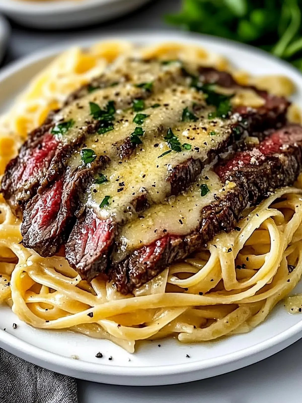 Juicy Garlic Butter Steak Pasta with Parmesan Linguine