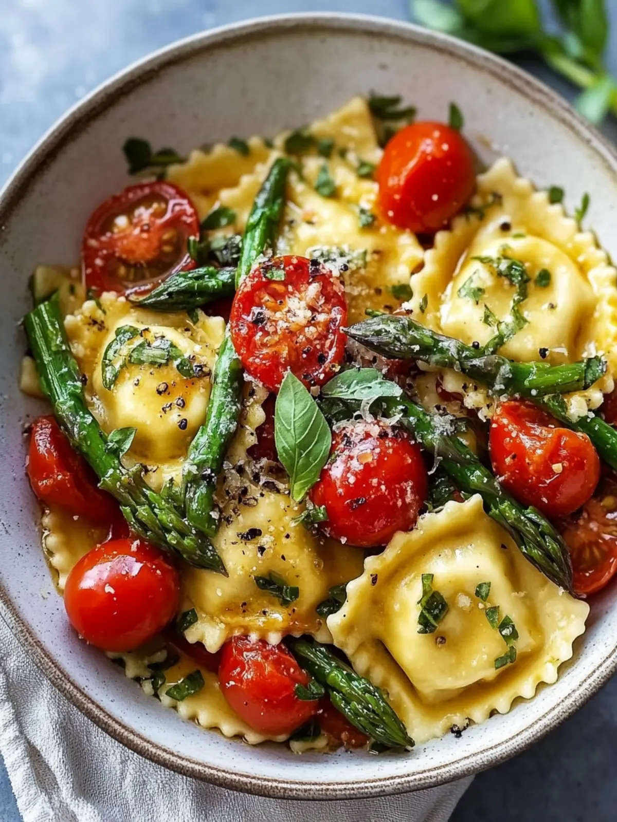 Ravioli with Tomatoes, Asparagus, Garlic, and Herbs