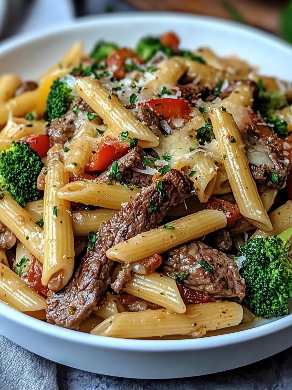 Heavenly Creamy Garlic Parmesan Penne with Steak & Veggies 4 Creamy Garlic Parmesan Penne with Steak, Broccoli & Bell Peppers