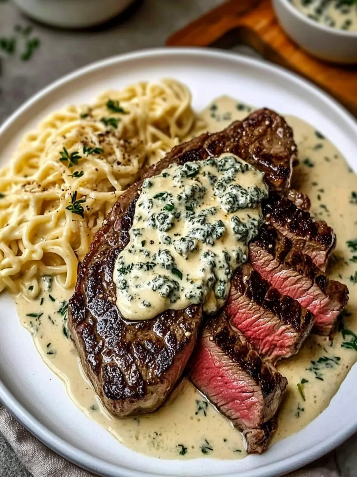 Succulent Pan-Seared New York Strip Steak with Gorgonzola Sauce 3 Succulent Pan-Seared New York Strip Steak Topped with Luscious Gorgonzola Cream Sauce