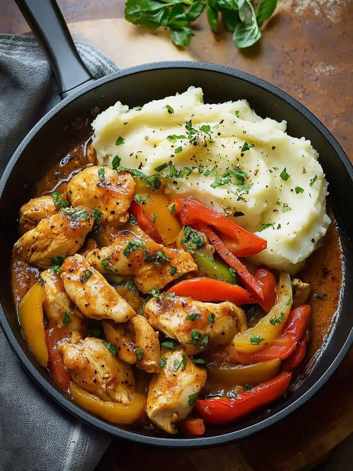 Spicy Garlic Chicken & Pepper Skillet with Creamy Mashed Potatoes