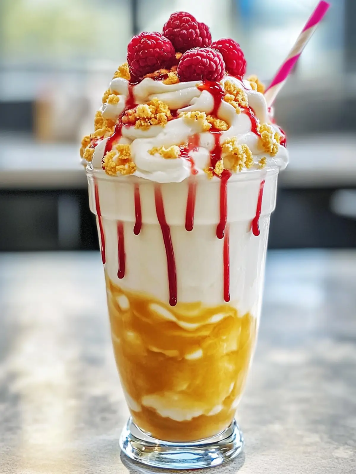 GOLDEN RASPBERRY CHEESECAKE MILKSHAKE WITH WHIPPED CREAM AND DRIZZLE