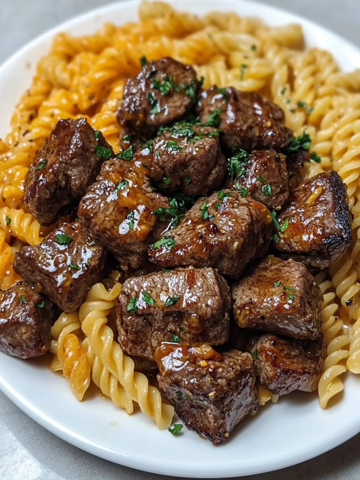 Honey Garlic Velveeta Steak Bites with Cheesy Twisted Pasta