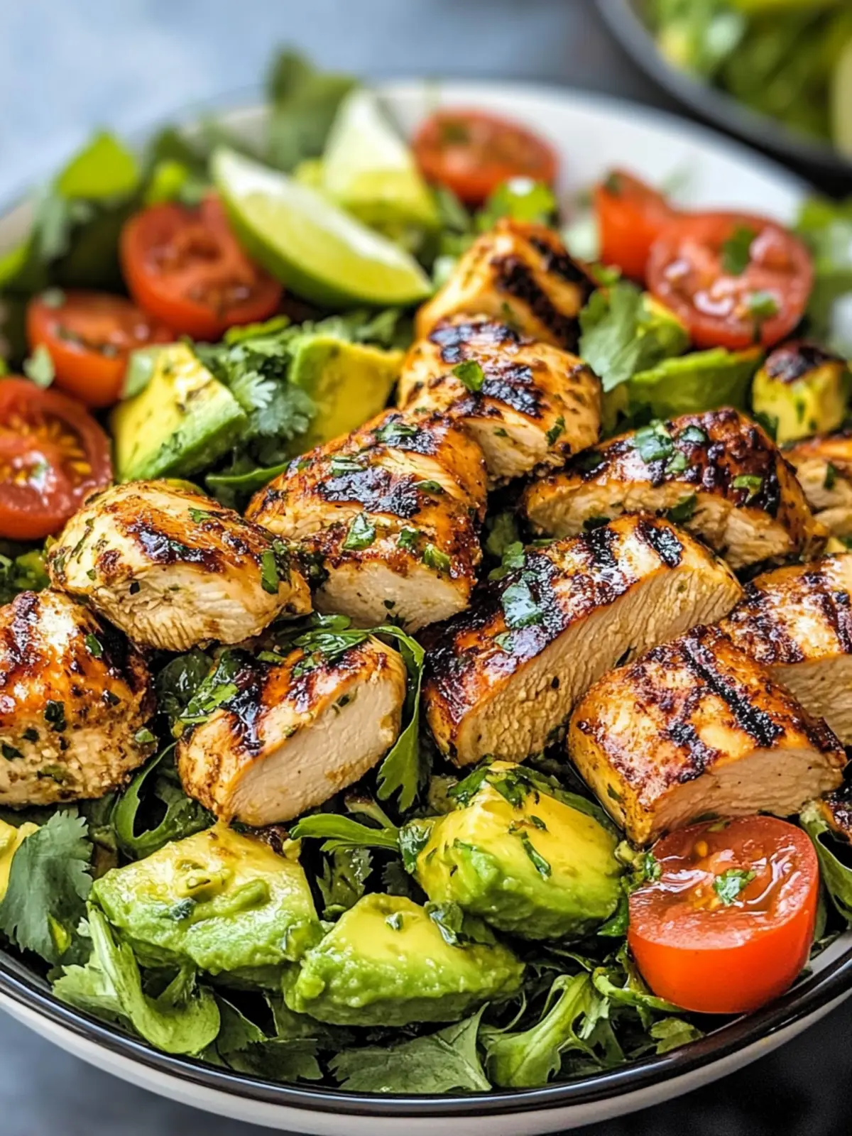 GRILLED CHICKEN AVOCADO SALAD WITH CILANTRO LIME DRESSING