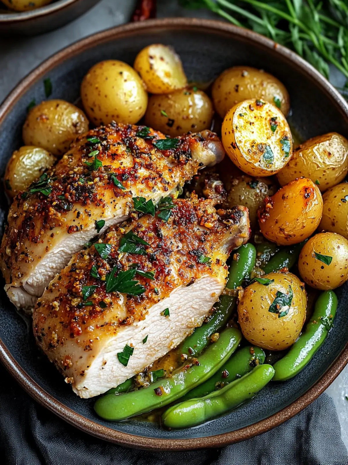 Savory Herb Chicken with Green Beans & Garlic Potatoes Delight 4 HERB CHICKEN WITH GREEN BEANS & GARLIC POTATOES