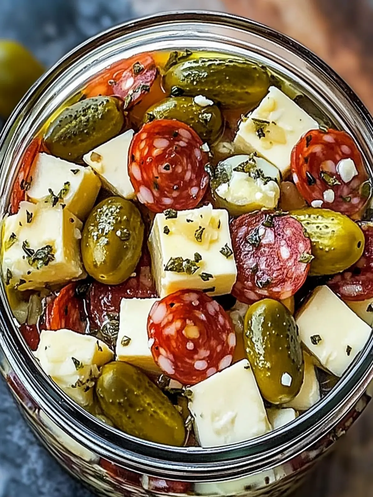 Easy Marinated Cheese Appetizer with Pepperoni and Pickles