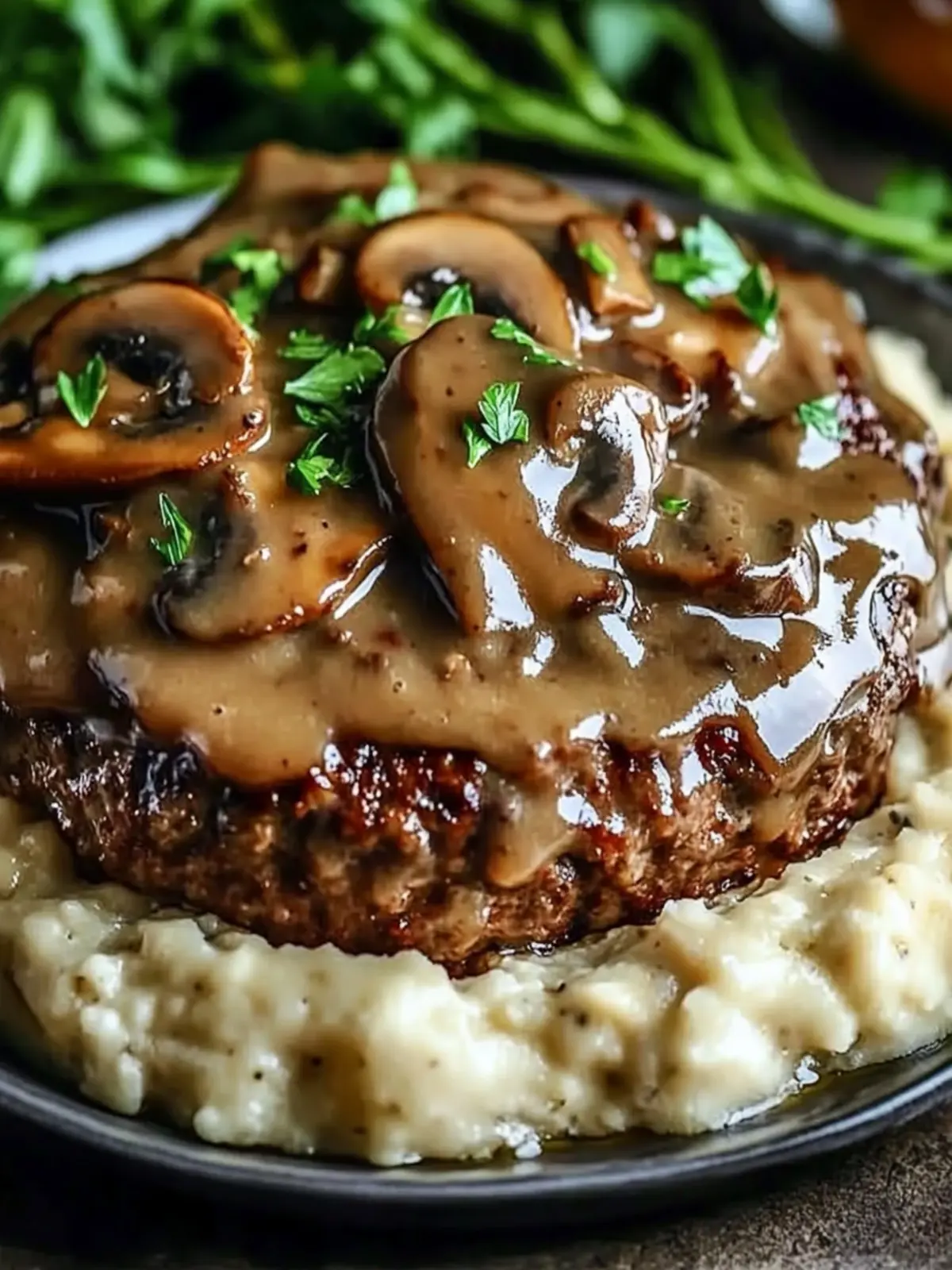 Irresistible Salisbury Steak Meatloaf with Mushroom Gravy 4 Perfectly Seared Salisbury Steak Meatloaf with Velvety Mushroom Gravy