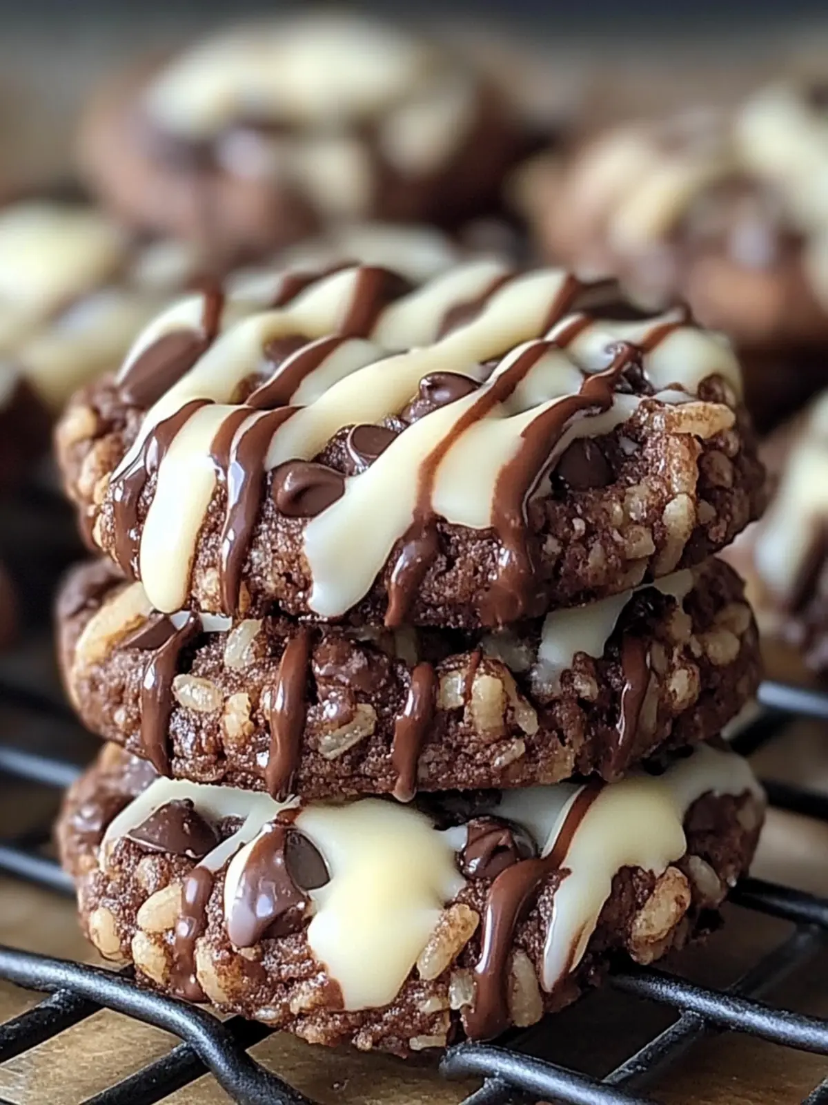 DOUBLE CHOCOLATE CHIP RICE KRISPIE COOKIES WITH A WHITE CHOCOLATE DRIZZLE