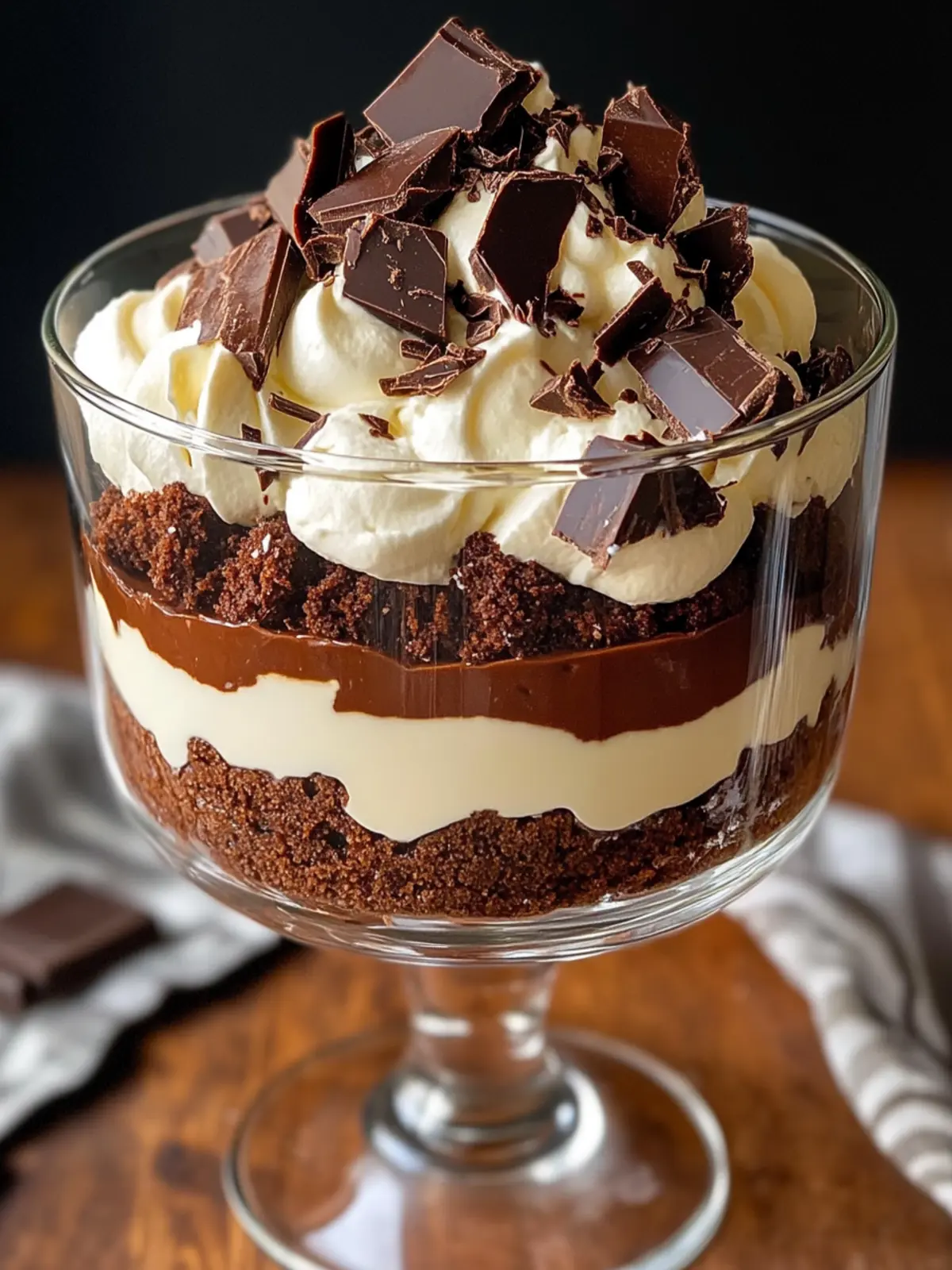 Decadent Triple Chocolate Brownie Trifle with Ganache Magic 2 TRIPLE CHOCOLATE BROWNIE TRIFLE WITH DARK, MILK & WHITE CHOCOLATE GANACHE