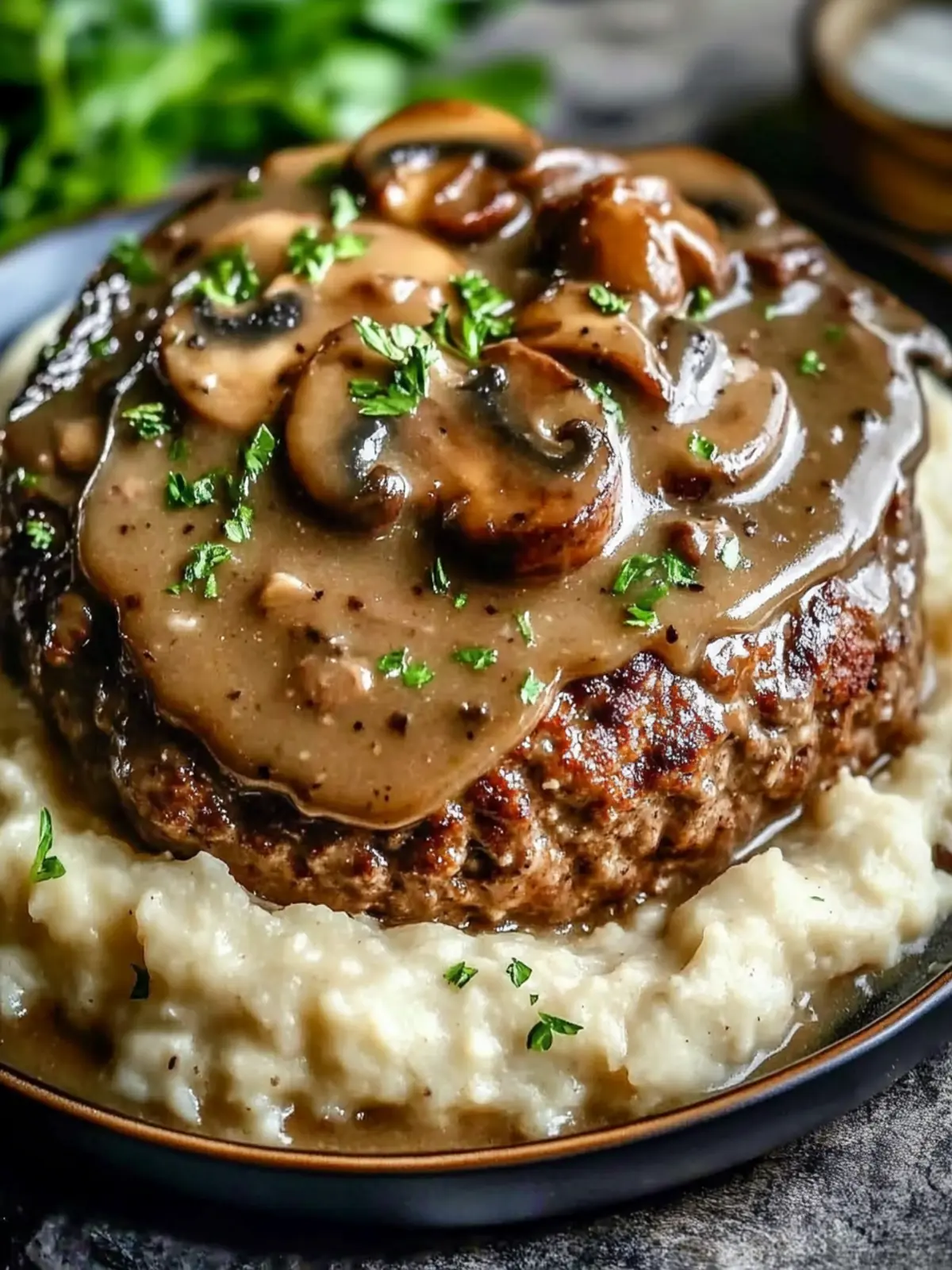 Irresistible Salisbury Steak Meatloaf with Mushroom Gravy 3 Perfectly Seared Salisbury Steak Meatloaf with Velvety Mushroom Gravy