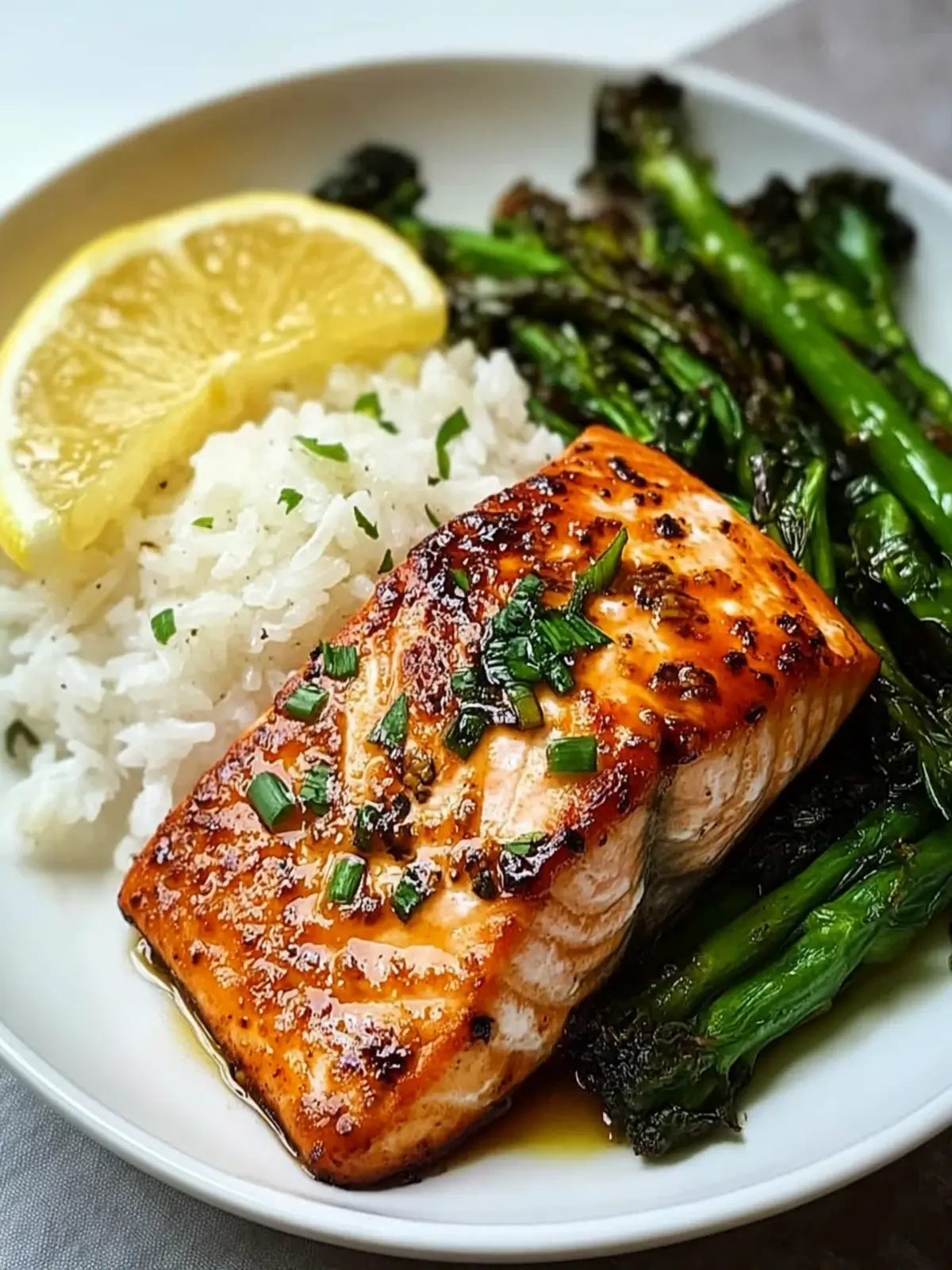 Spicy Honey-Garlic Salmon with Rice & Roasted Greens Bliss 2 [Spicy Honey-Garlic Salmon with Steamed Rice & Roasted Greens