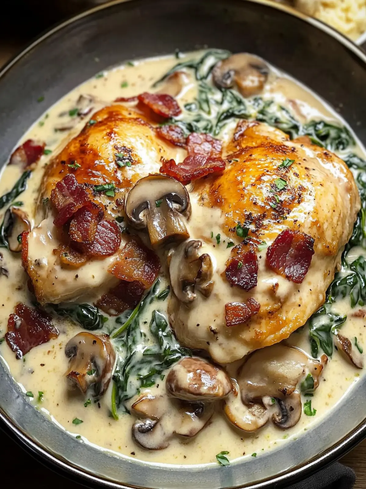 Ultimate Smothered Chicken with Creamed Spinach, Bacon & Mushrooms 2 Smothered Chicken with Creamed Spinach, Bacon, and Mushrooms