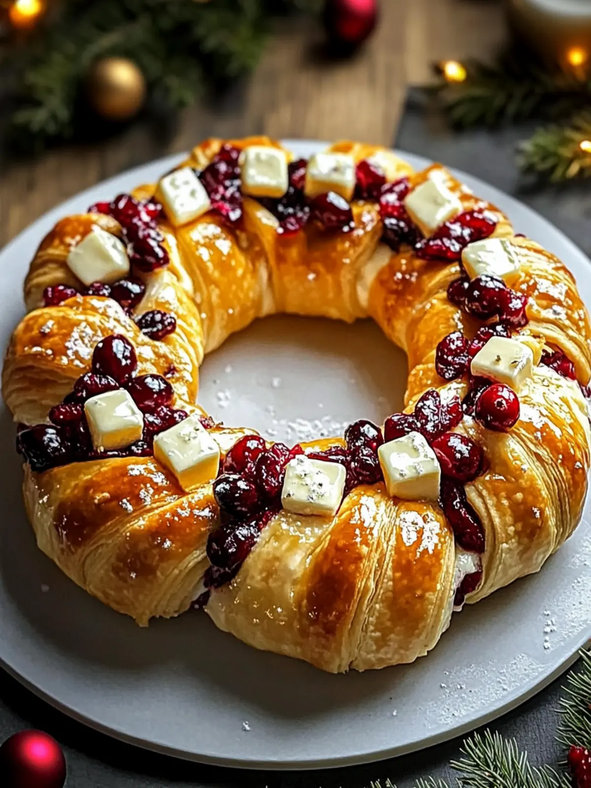 Golden Holiday Crescent Wreath Stuffed with Creamy Brie and Tart Cranberries