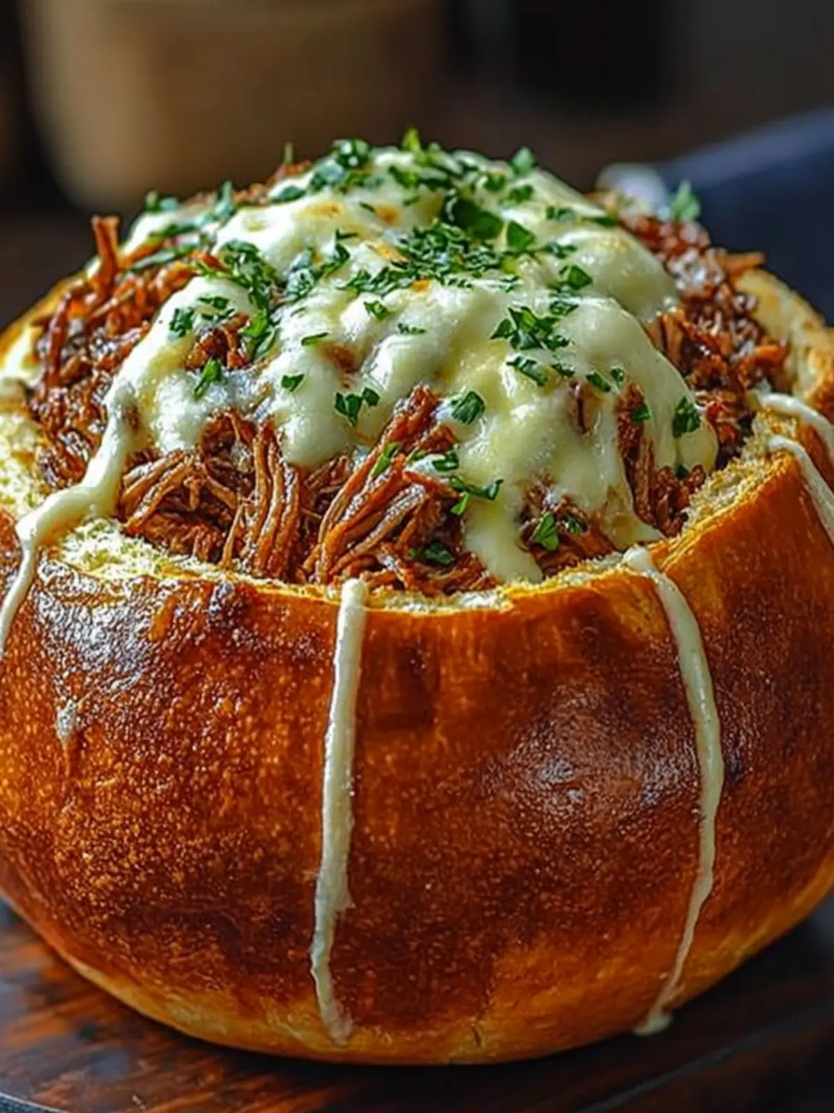 Delicious BBQ Pulled Pork in a Melty Mozzarella-Stuffed Bread Bowl