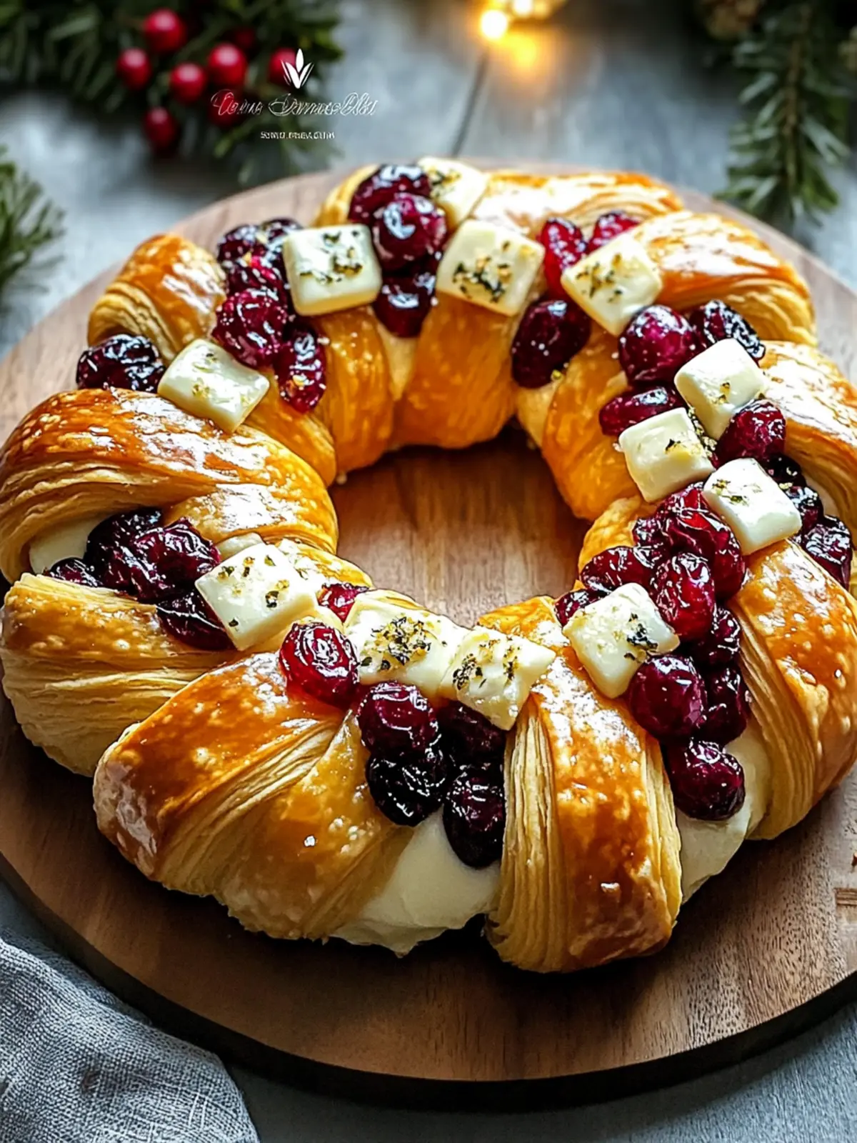 Golden Holiday Crescent Wreath Stuffed with Creamy Brie and Tart Cranberries