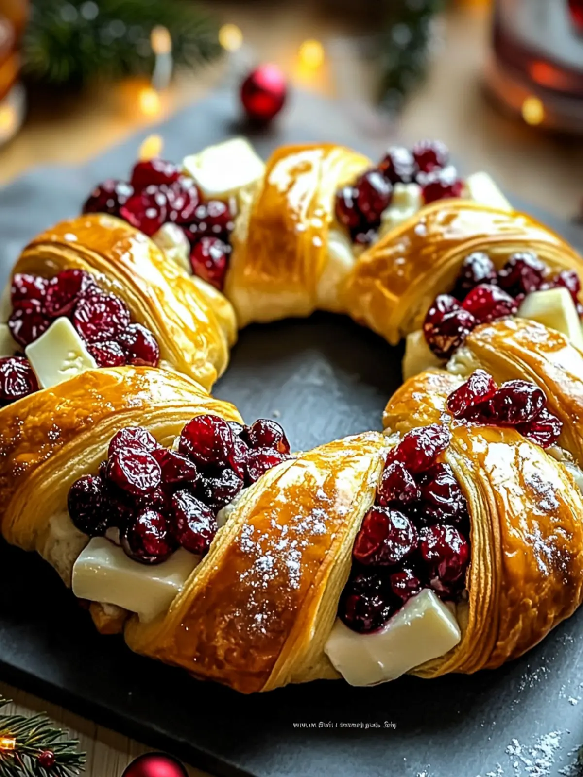 Golden Holiday Crescent Wreath Stuffed with Brie & Tart Cranberries 2 Golden Holiday Crescent Wreath Stuffed with Creamy Brie and Tart Cranberries