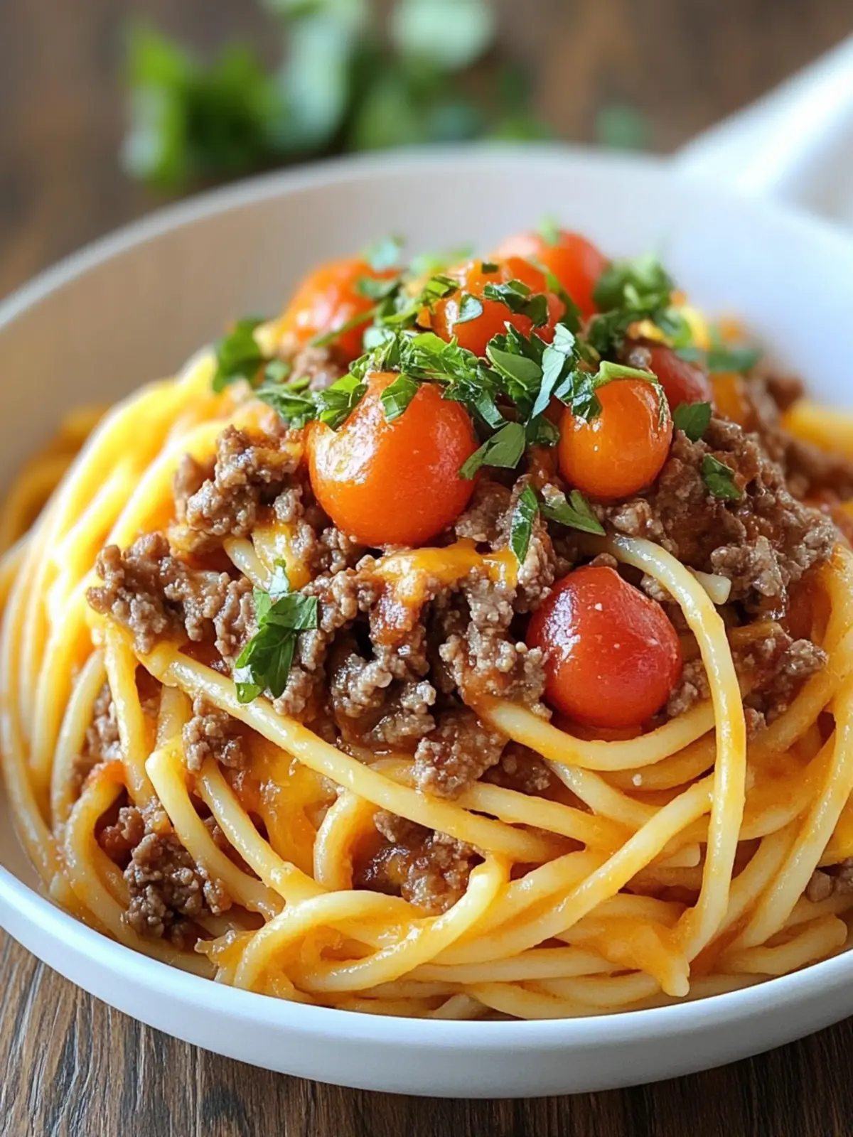 SPAGHETTI WITH CHEESY BEEF AND TOMATO TOPPING