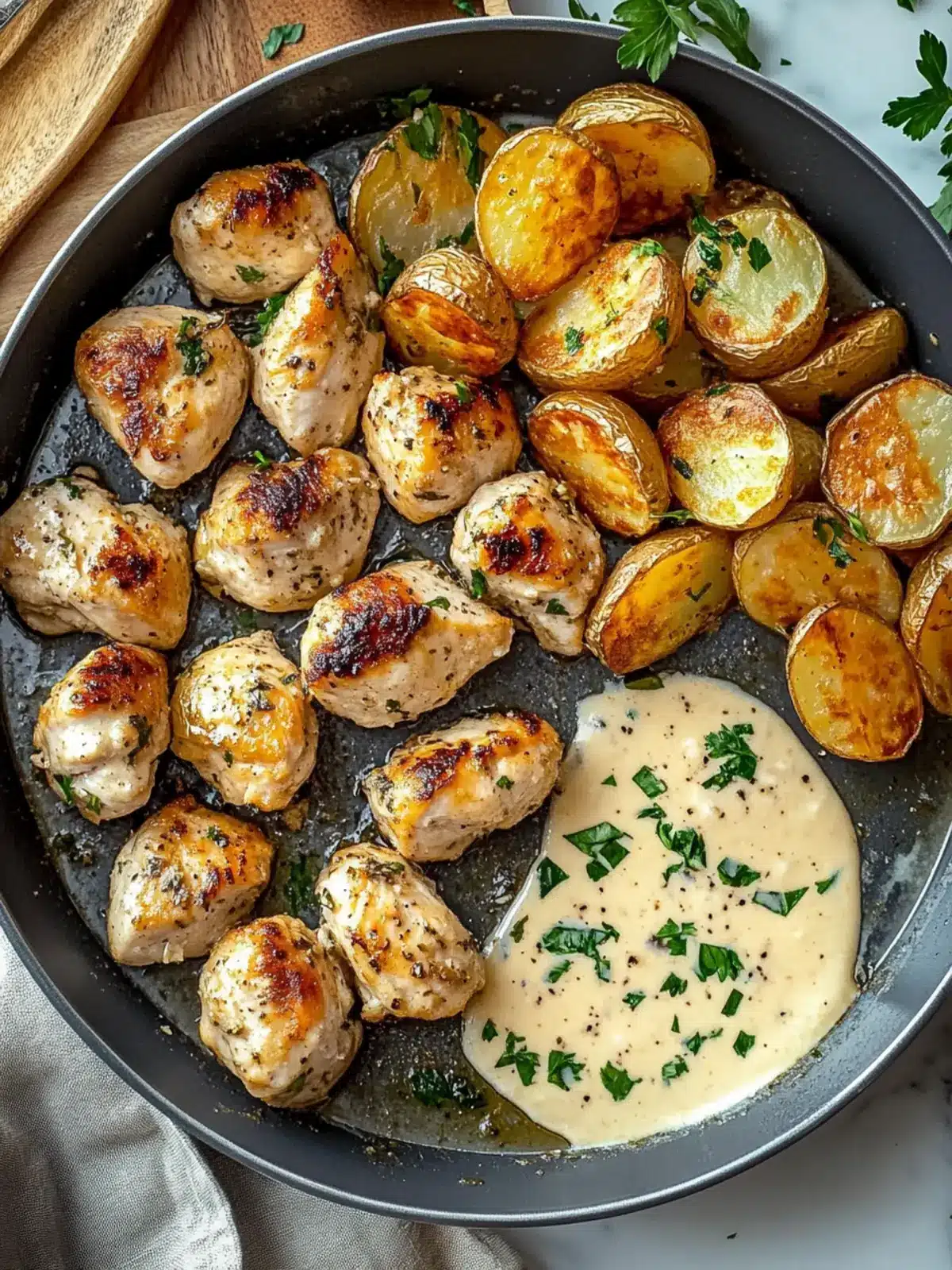 Savory Creamy Garlic Chicken Bites with Crispy Potatoes 4 Creamy Garlic Chicken Bites with Crispy Roasted Potatoes