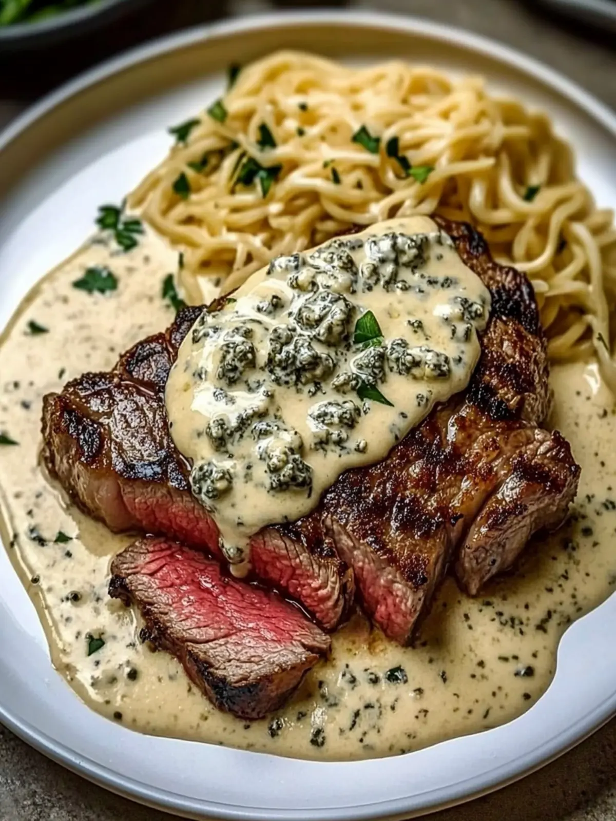Succulent Pan-Seared New York Strip Steak with Gorgonzola Sauce 4 Succulent Pan-Seared New York Strip Steak Topped with Luscious Gorgonzola Cream Sauce