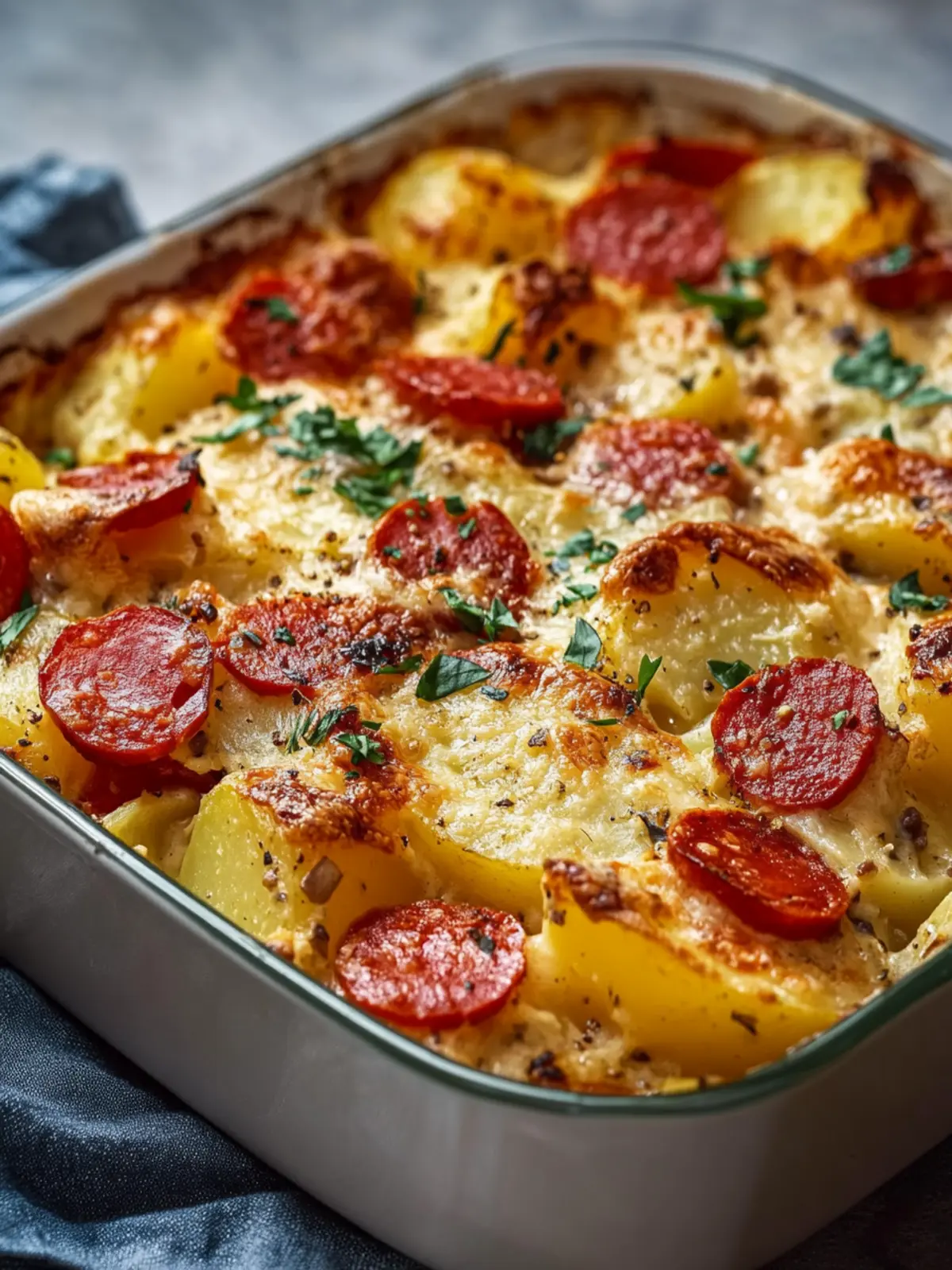 Comforting Baked Potato and Vegetable Casserole with Salami 3 Baked Potato and Vegetable Casserole with Smoked Salami and Creamy Tomato Sauce