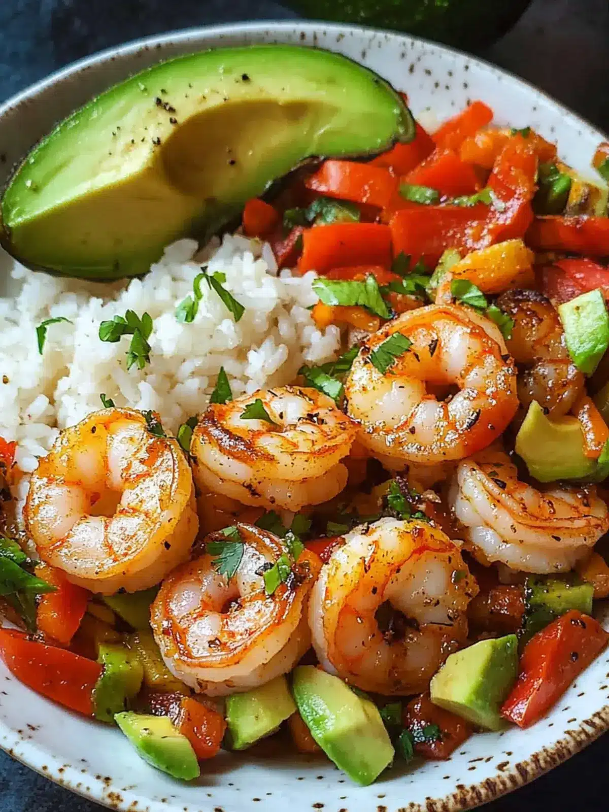 Savor Spicy Garlic Shrimp with Veggie Rice & Avocado Bliss 3 Spicy Garlic Shrimp with Veggie Rice & Avocado Slices