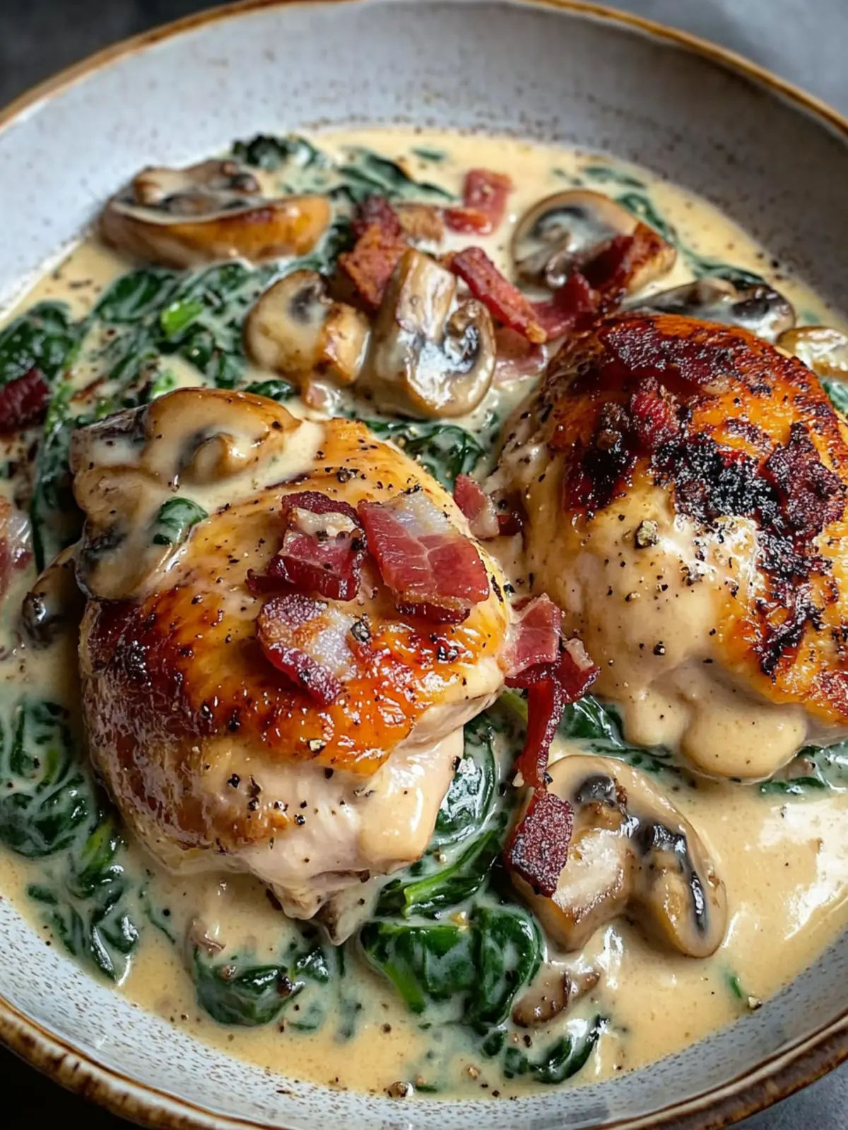 Ultimate Smothered Chicken with Creamed Spinach, Bacon & Mushrooms 3 Smothered Chicken with Creamed Spinach, Bacon, and Mushrooms