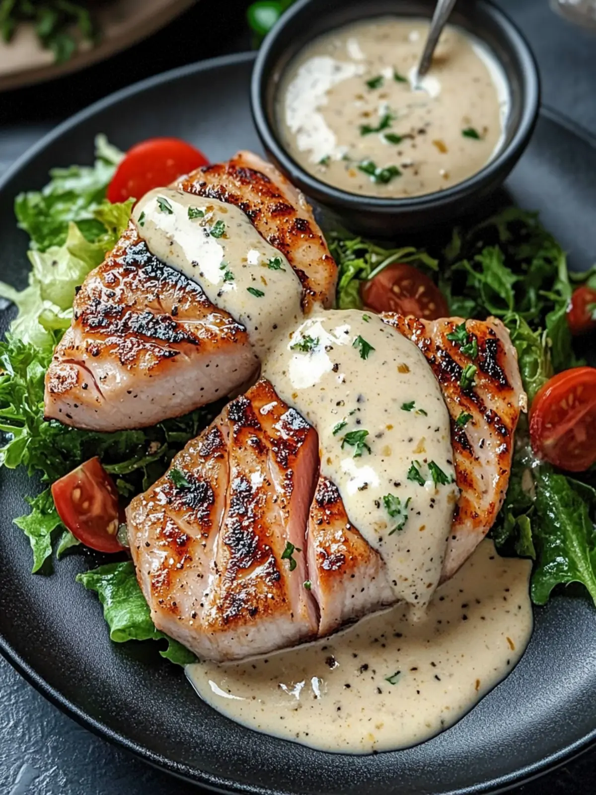 Tuna Steaks with Creamy Garlic Sauce & Salad