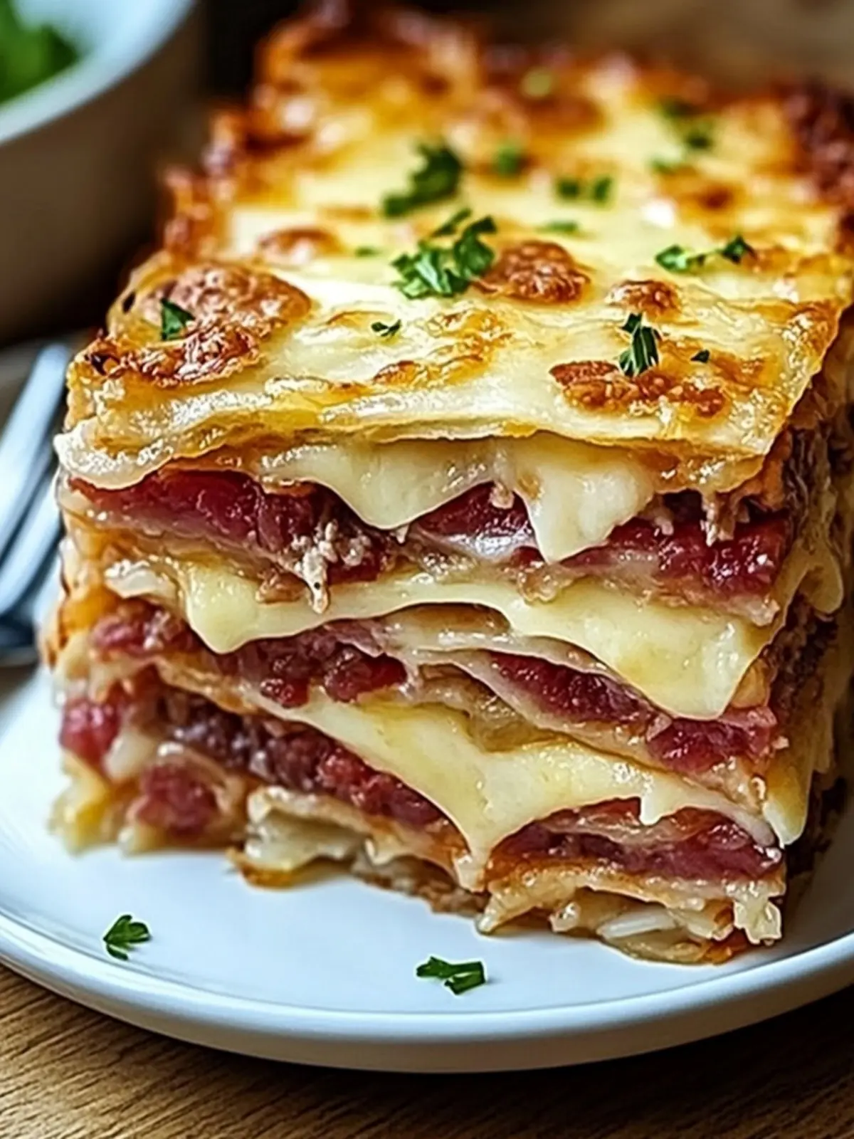 Golden Crispy Reuben Bake with Pastrami & Swiss Delight 2 Golden Crispy Reuben Bake with Layers of Pastrami, Sauerkraut, and Swiss Cheese