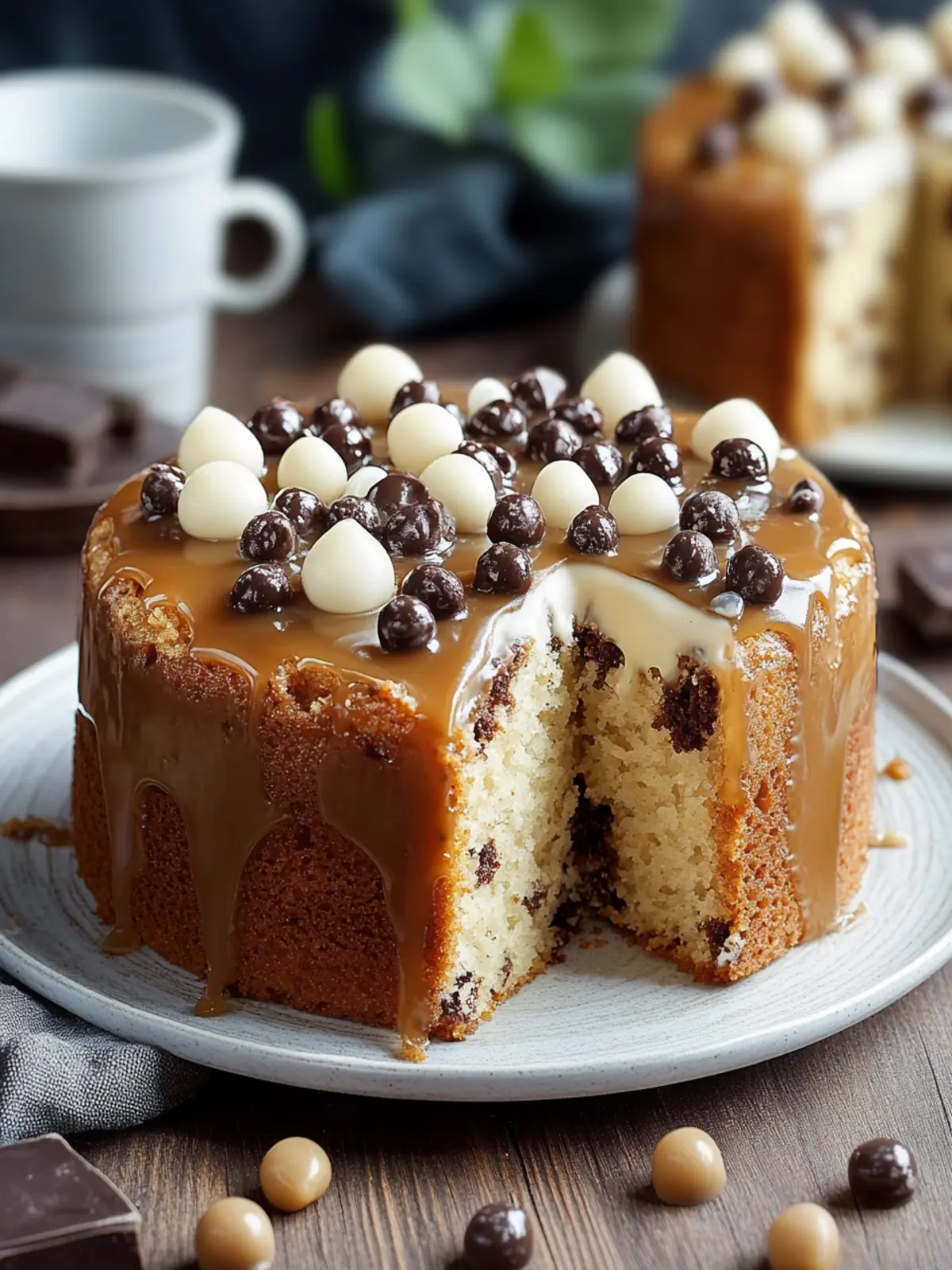 Soft and Moist Coffee Cake with Coffee Glaze and Chocolate Pearls