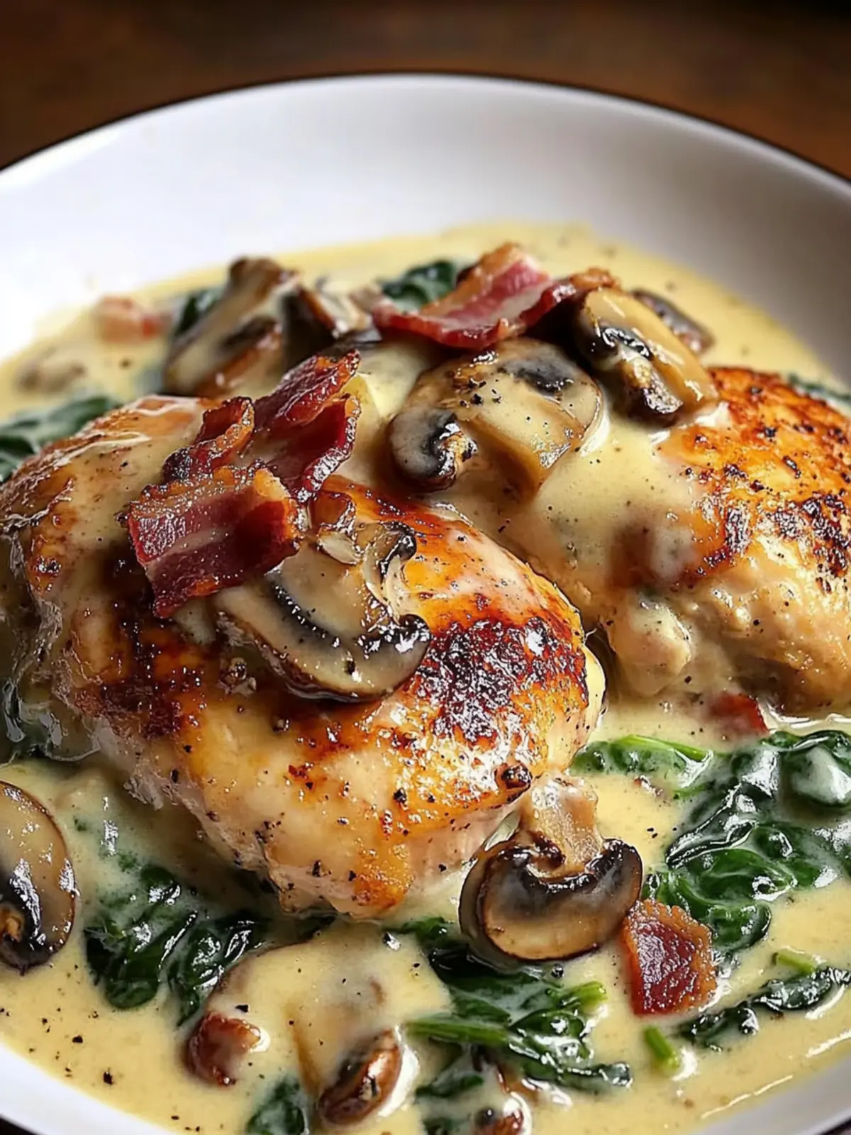 Ultimate Smothered Chicken with Creamed Spinach, Bacon & Mushrooms 4 Smothered Chicken with Creamed Spinach, Bacon, and Mushrooms