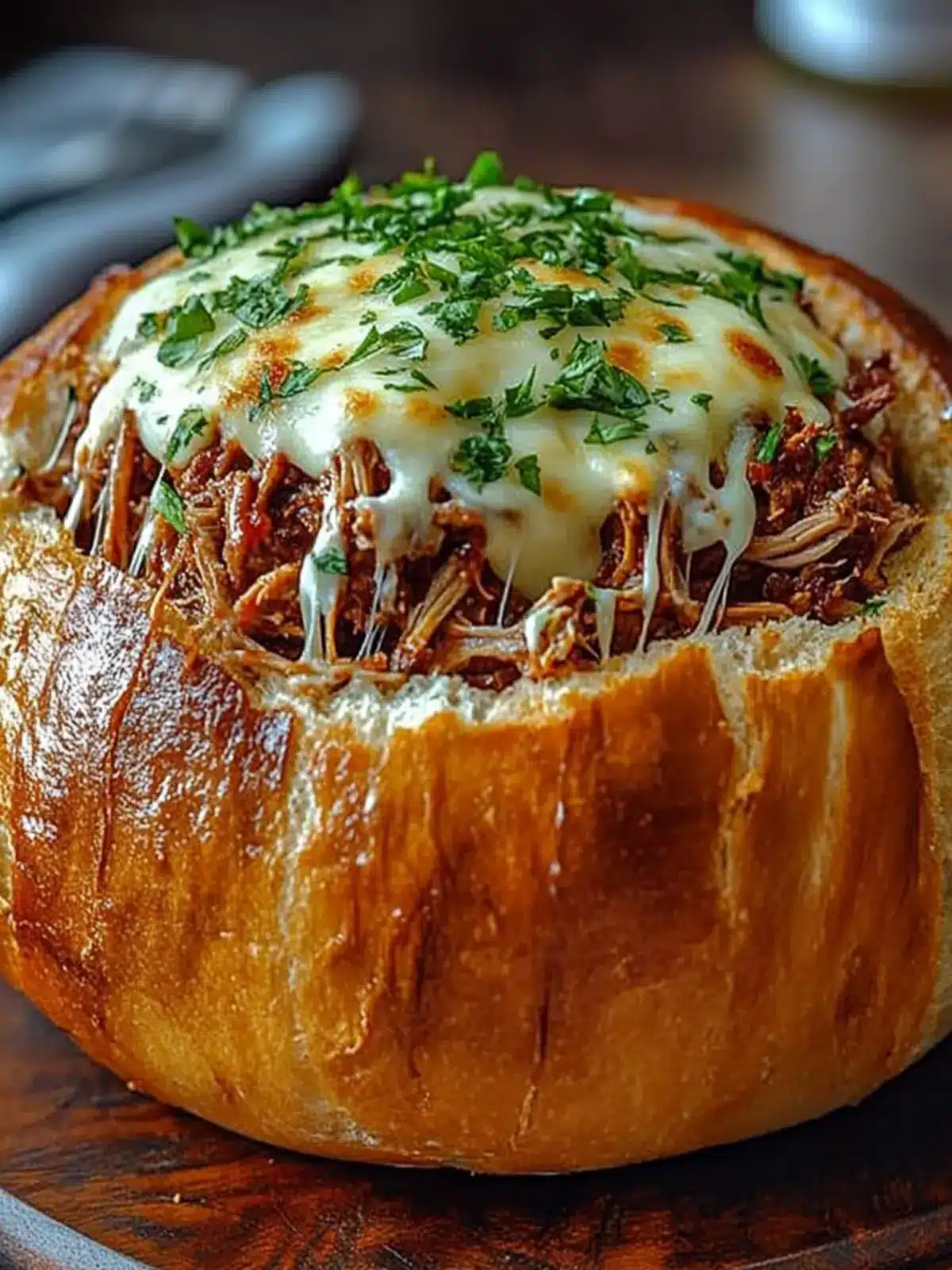 Delicious BBQ Pulled Pork in a Melty Mozzarella-Stuffed Bread Bowl