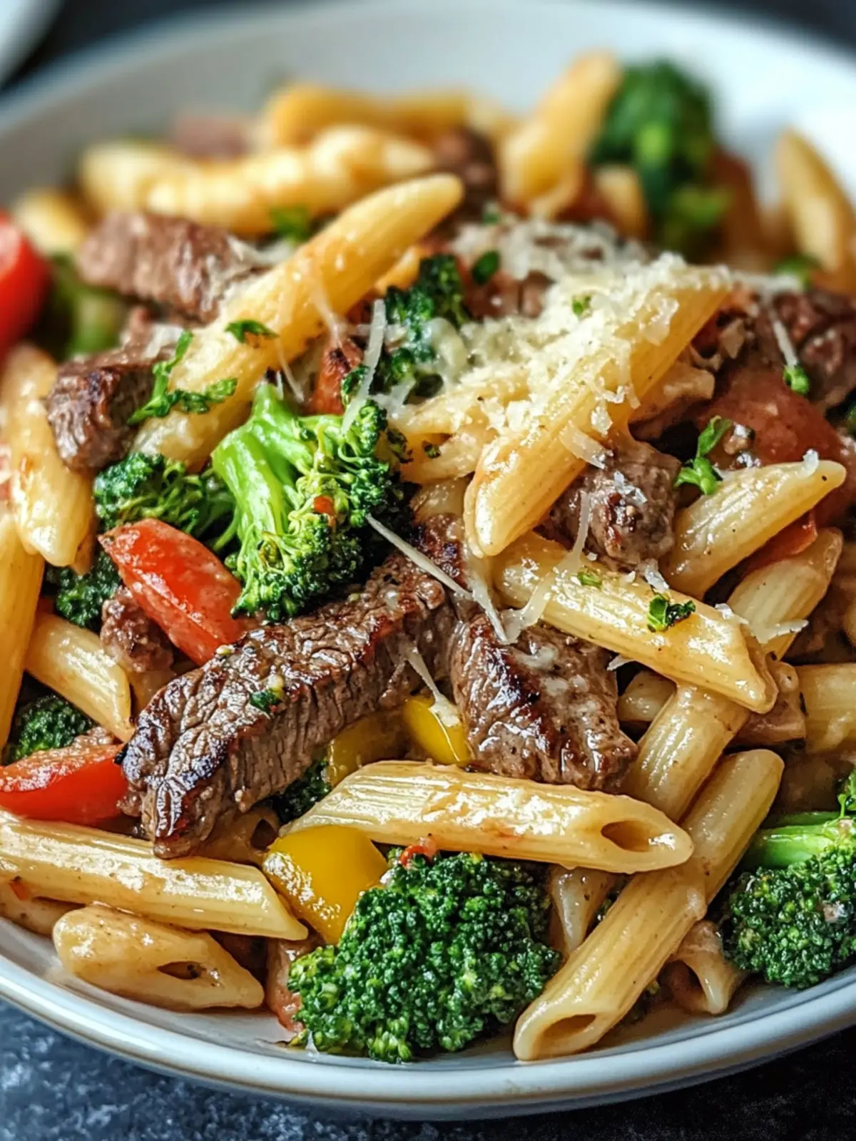 Heavenly Creamy Garlic Parmesan Penne with Steak & Veggies 2 Creamy Garlic Parmesan Penne with Steak, Broccoli & Bell Peppers