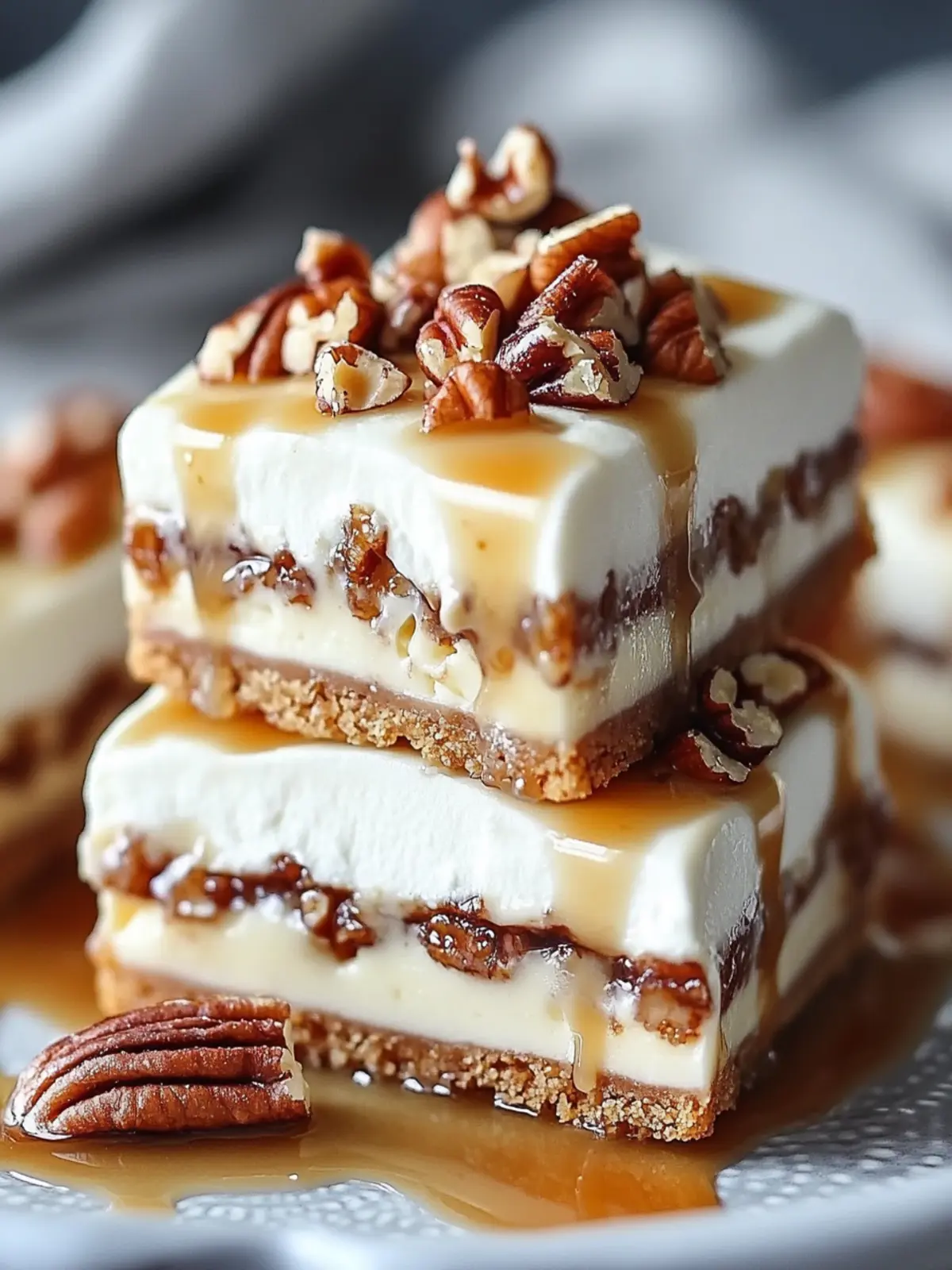 Indulge in Caramel Pecan Cheesecake Bars with Whipped Cream 3 CARAMEL PECAN CHEESECAKE BARS WITH WHIPPED CREAM DRIZZLE