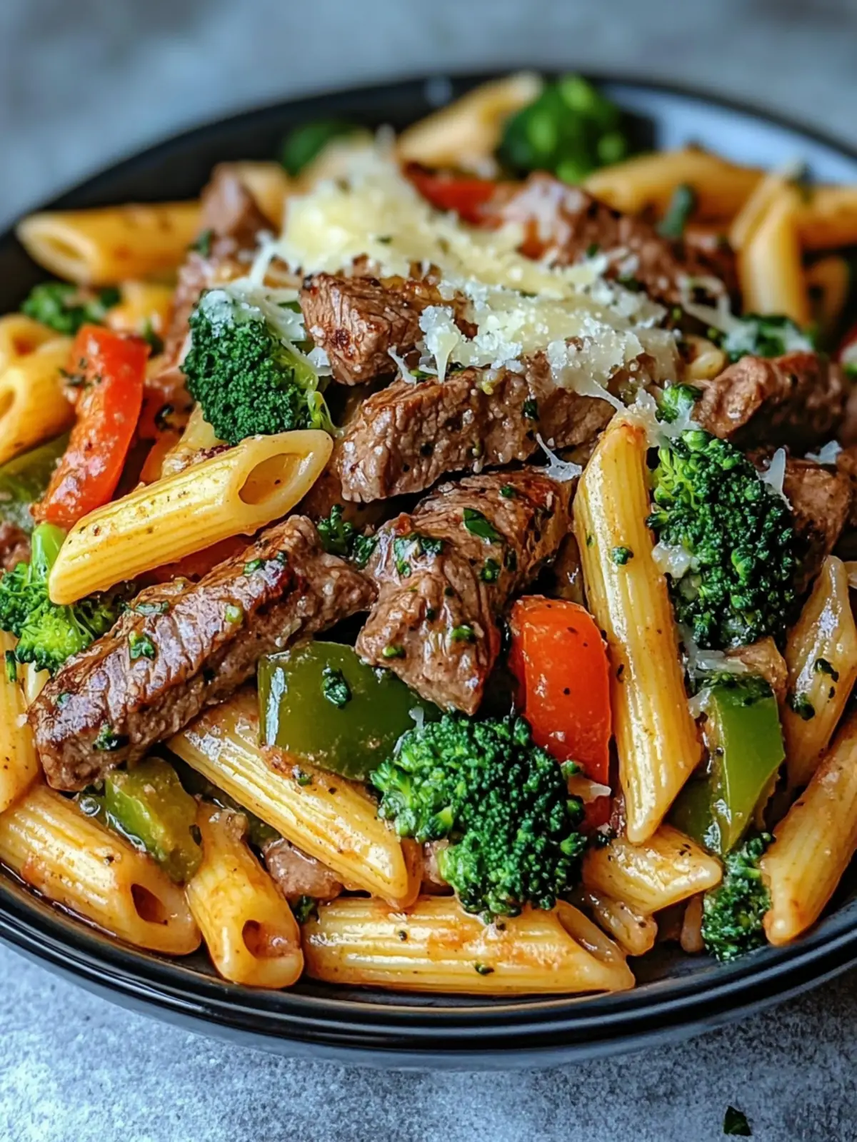 Heavenly Creamy Garlic Parmesan Penne with Steak & Veggies 3 Creamy Garlic Parmesan Penne with Steak, Broccoli & Bell Peppers