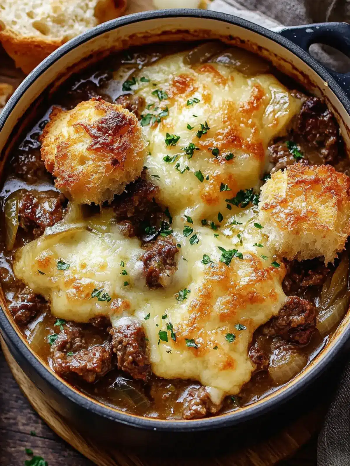 Savory French Onion Beef Stew with Cheesy Bread Bliss 3 French Onion Beef Stew with Cheesy Bread Topping