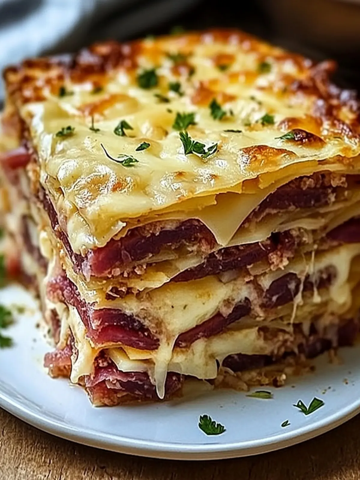 Golden Crispy Reuben Bake with Pastrami & Swiss Delight 3 Golden Crispy Reuben Bake with Layers of Pastrami, Sauerkraut, and Swiss Cheese