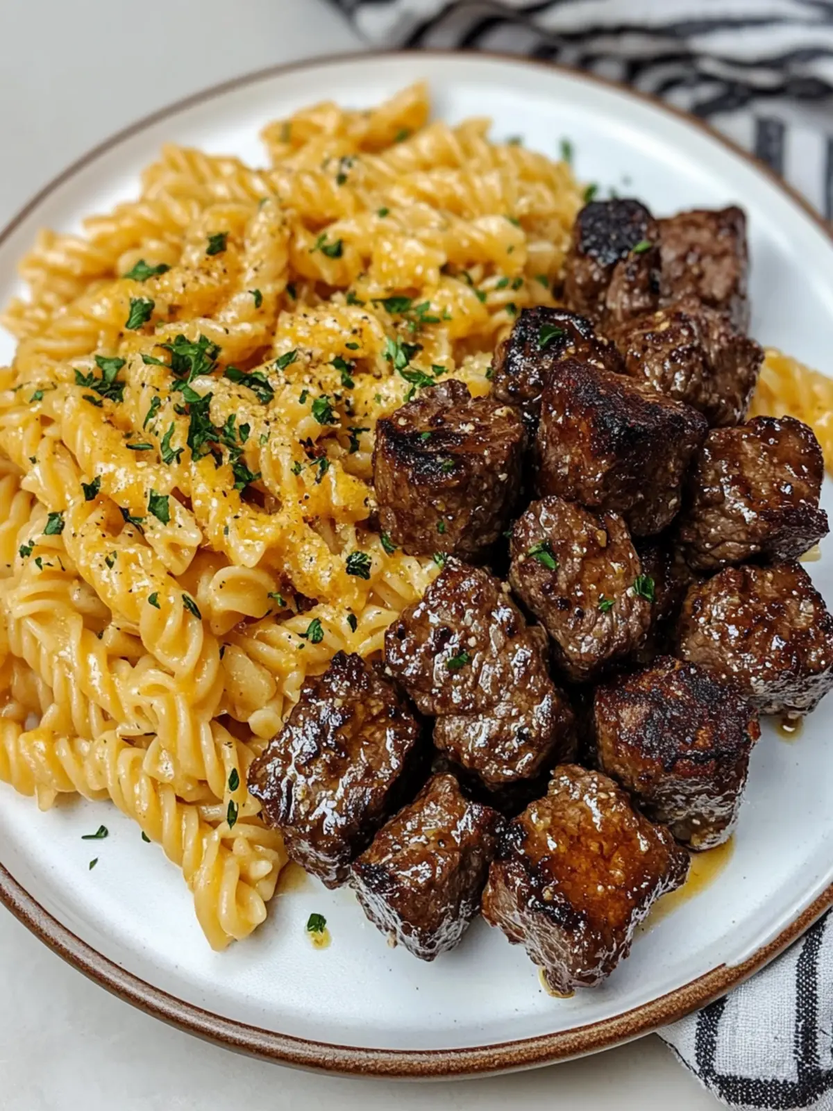 Honey Garlic Velveeta Steak Bites with Cheesy Twisted Pasta