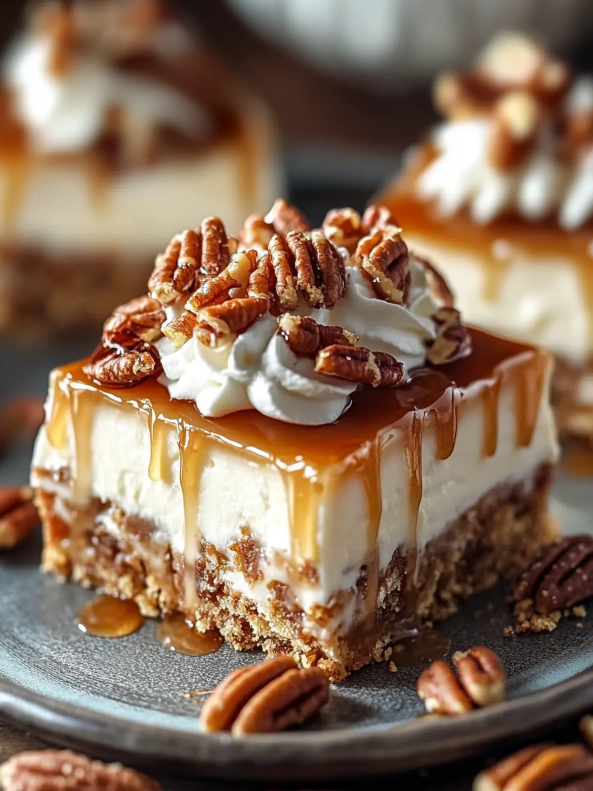 Indulge in Caramel Pecan Cheesecake Bars with Whipped Cream 4 CARAMEL PECAN CHEESECAKE BARS WITH WHIPPED CREAM DRIZZLE