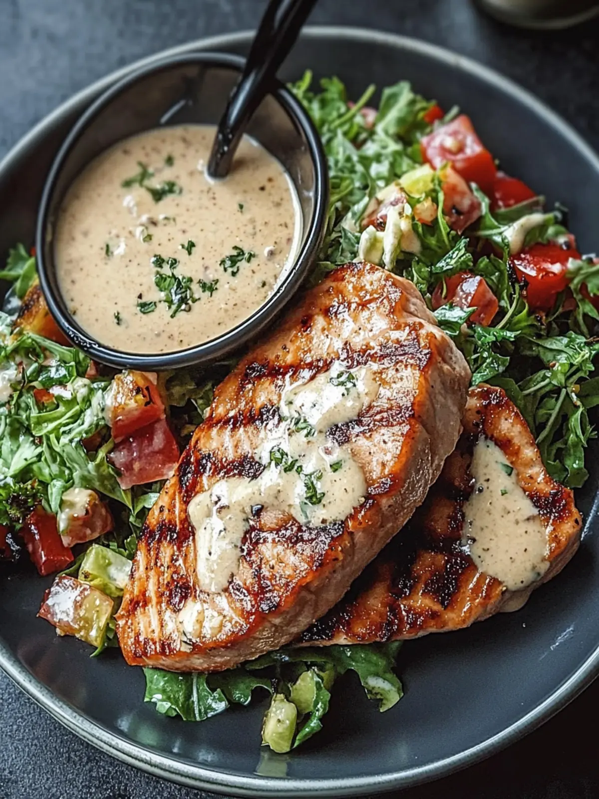 Tuna Steaks with Creamy Garlic Sauce & Salad