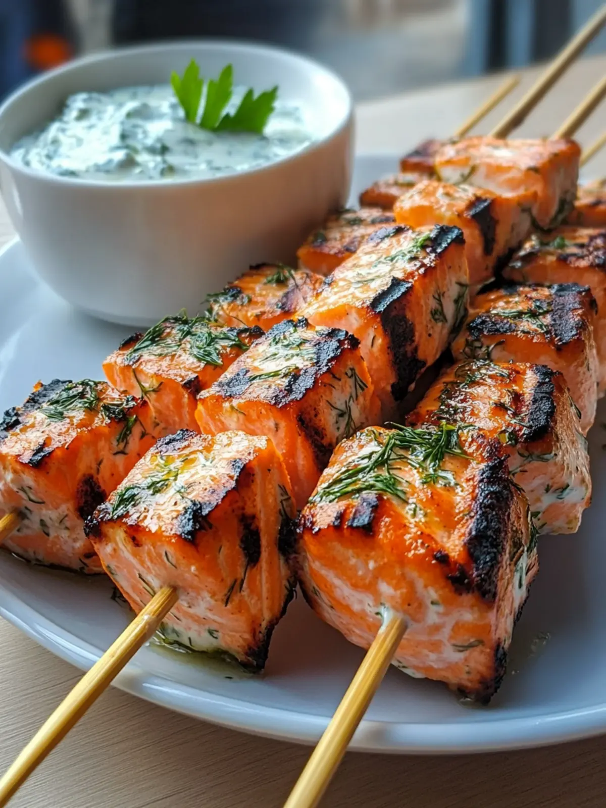 Grilled Salmon Skewers with Creamy Dill Yogurt Sauce