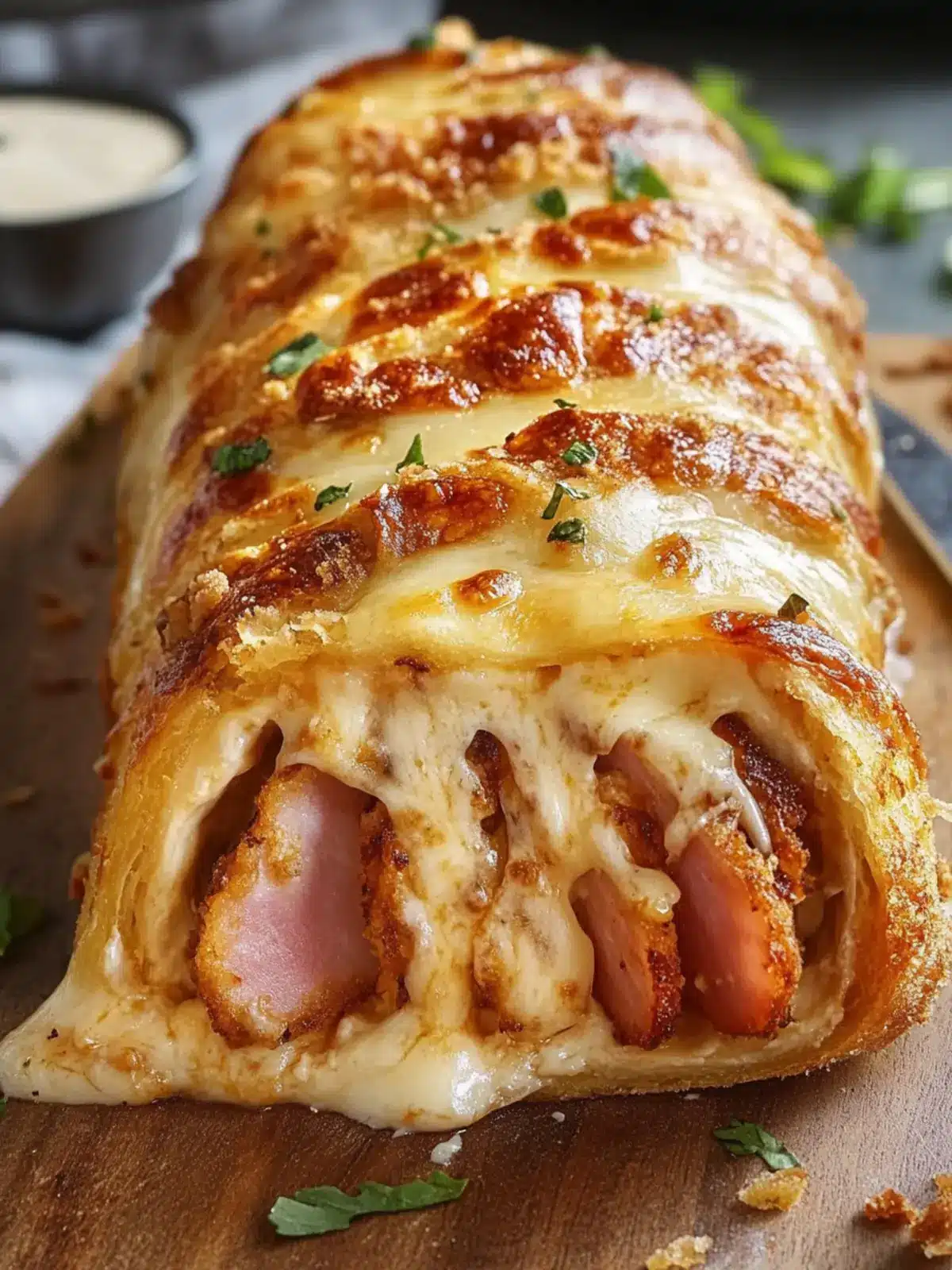 Mouthwatering Chicken Cordon Bleu Stromboli with Crispy Ham 4 Delicious Chicken Cordon Bleu Stromboli with Crispy Ham and Melted Cheese