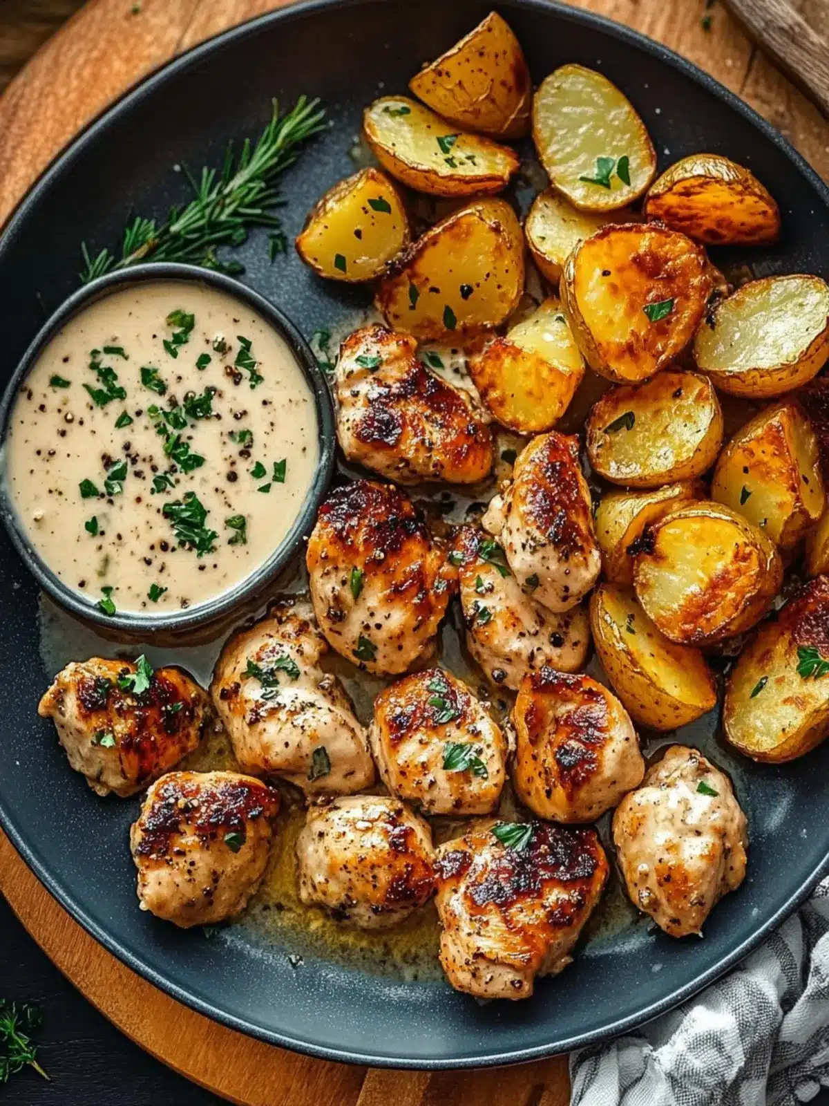 Savory Creamy Garlic Chicken Bites with Crispy Potatoes 3 Creamy Garlic Chicken Bites with Crispy Roasted Potatoes