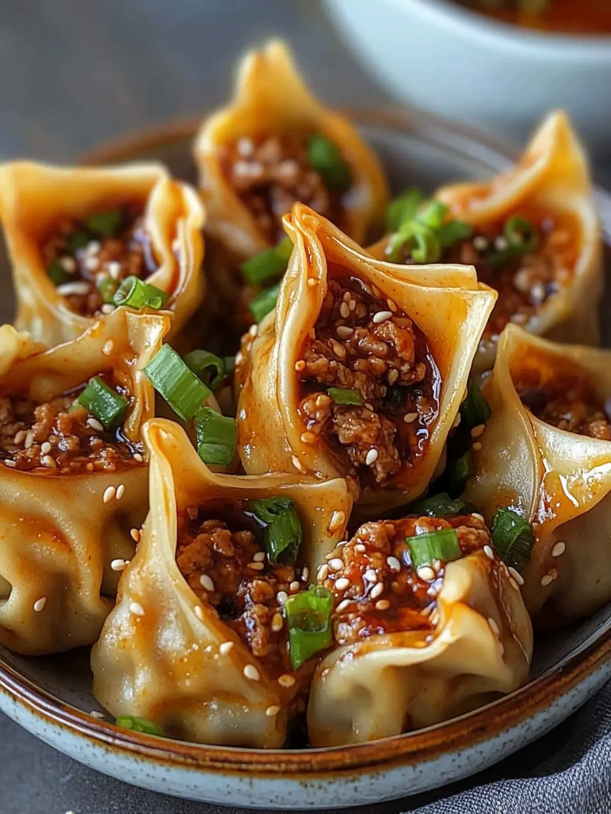 Irresistible Spicy Beef Wontons with Sesame and Green Onion 4 Spicy Beef Wontons with Sesame and Green Onion