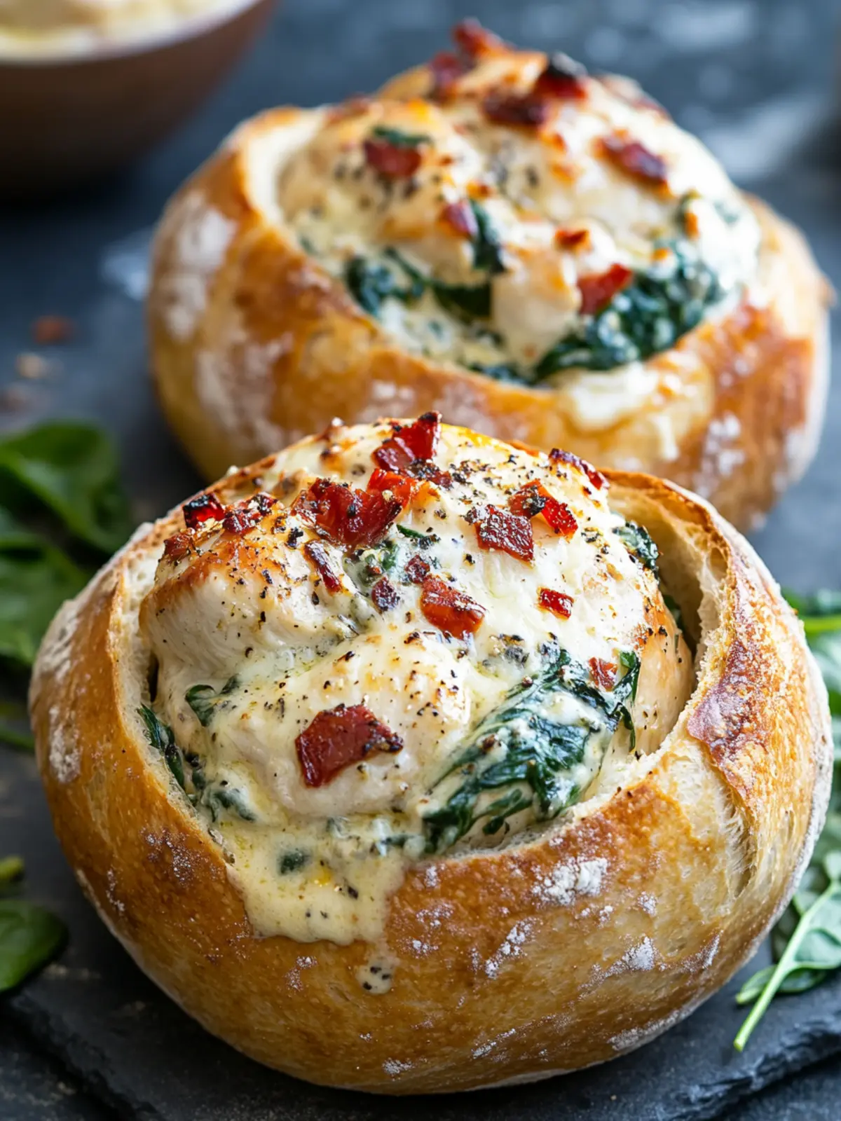 BREAD BOWLS FILLED WITH CREAMY GARLIC PARMESAN CHICKEN, SPINACH & SUN DRIED TOMATOES